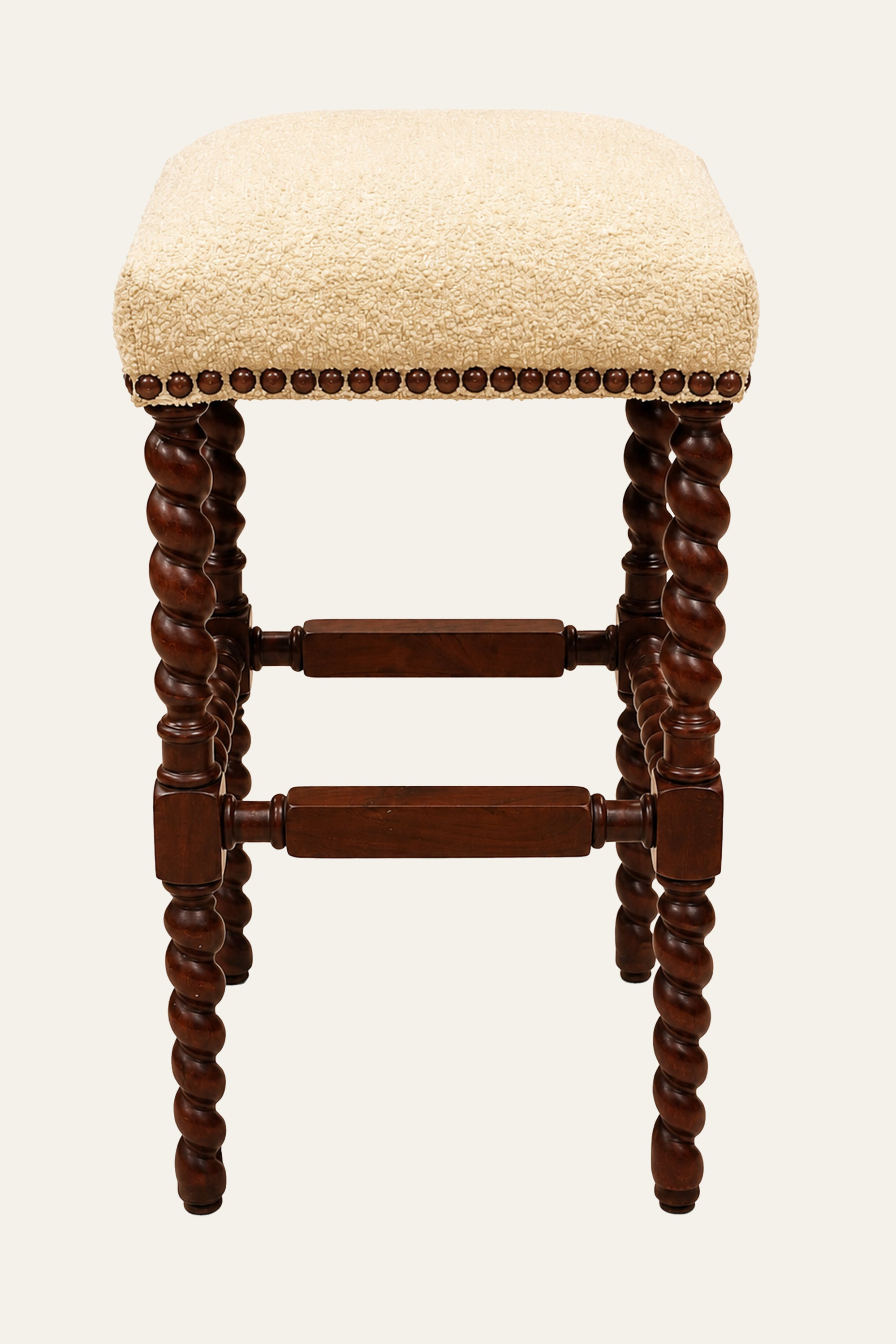 Brown Barley Twist Sitting Stool with White Cushioned Seat