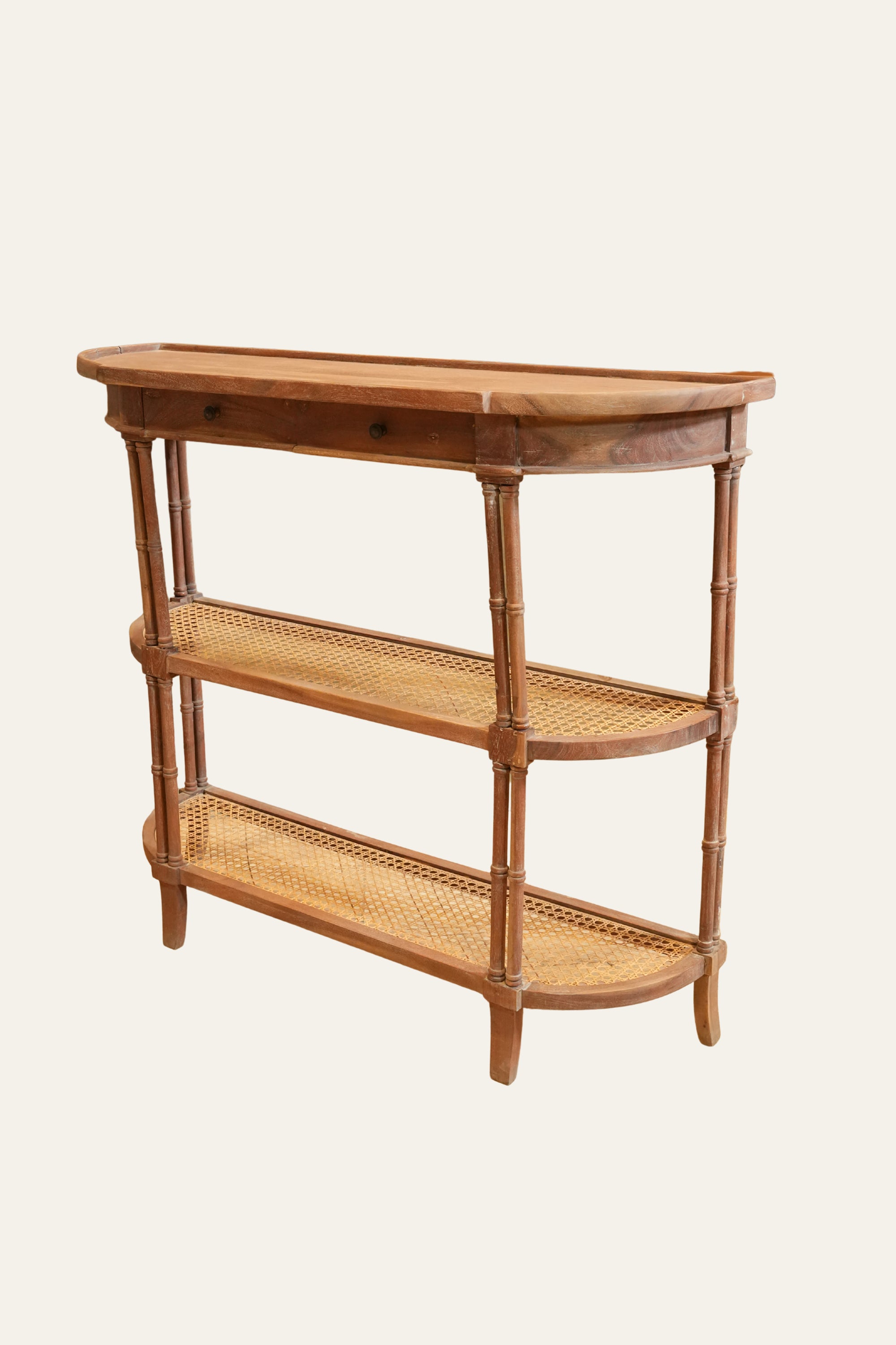 Three Tier Cane Half Round Console Table with Inbuilt Drawers