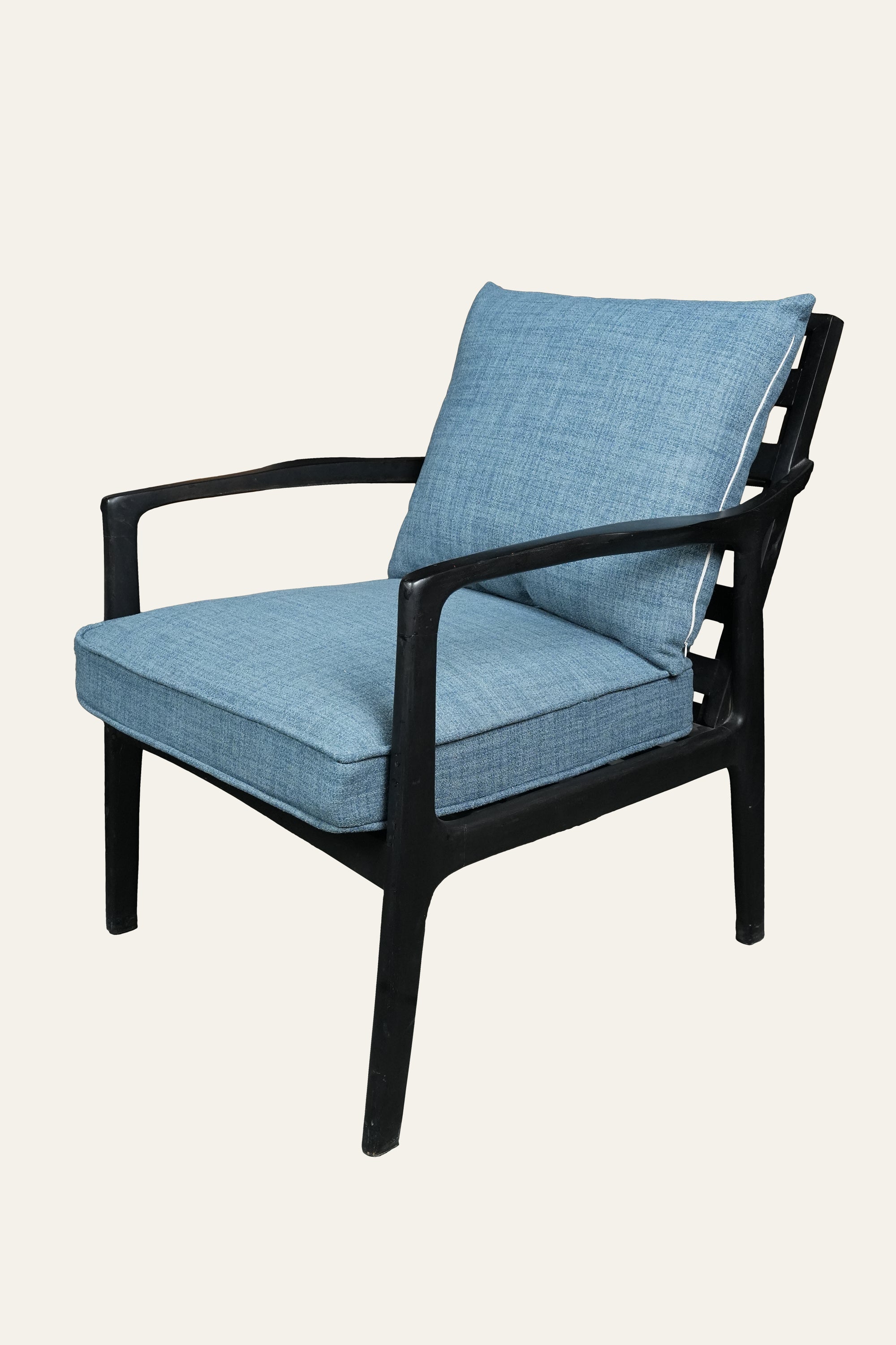 Blue Upholstered Wooden Lounge Chair with Slatted Backset
