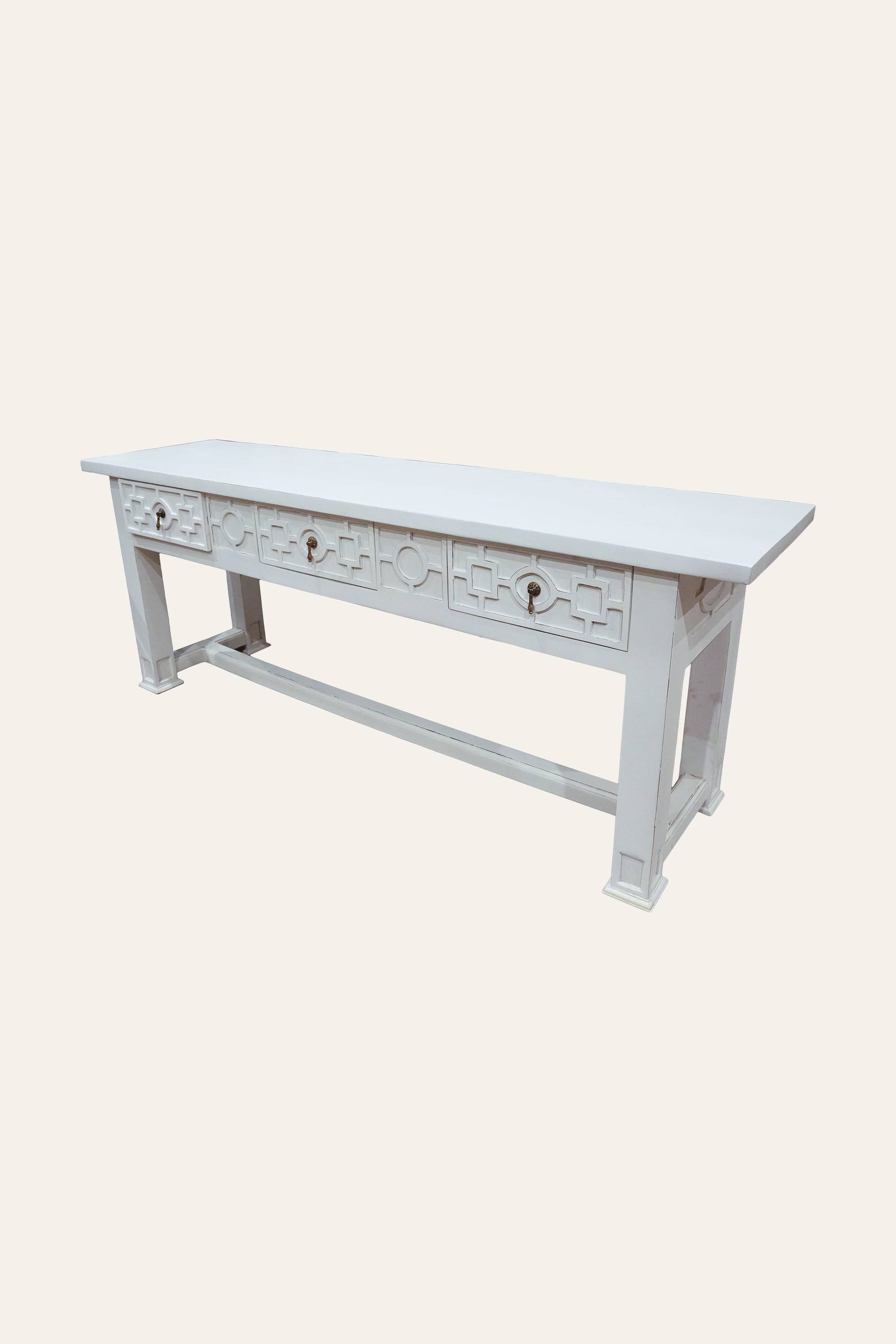 White Wooden Carved Geometric Pattern Console with 3 Drawers