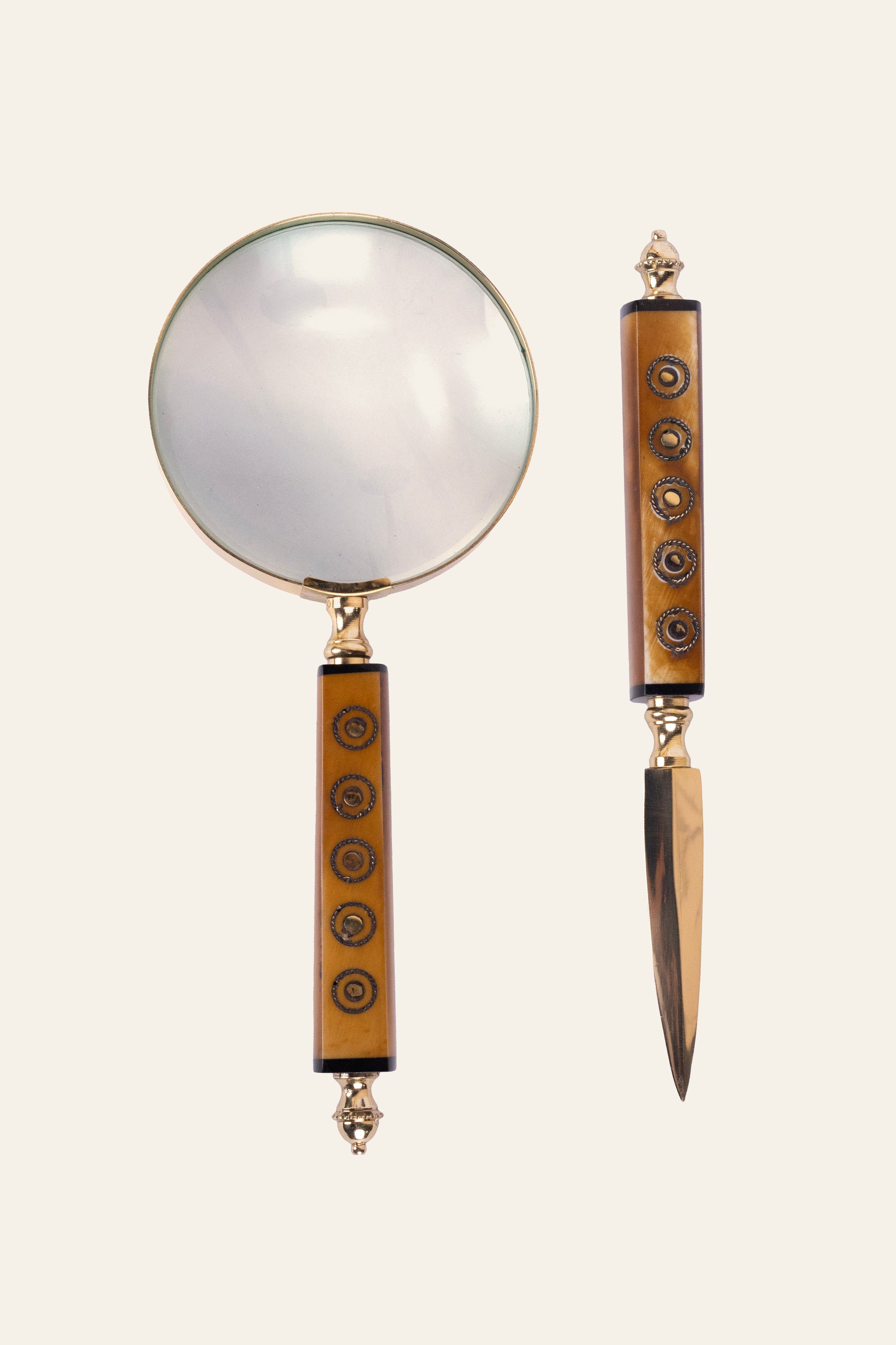 Vintage Envelope Opener and Handheld Magnifyer Set with Horn Handles