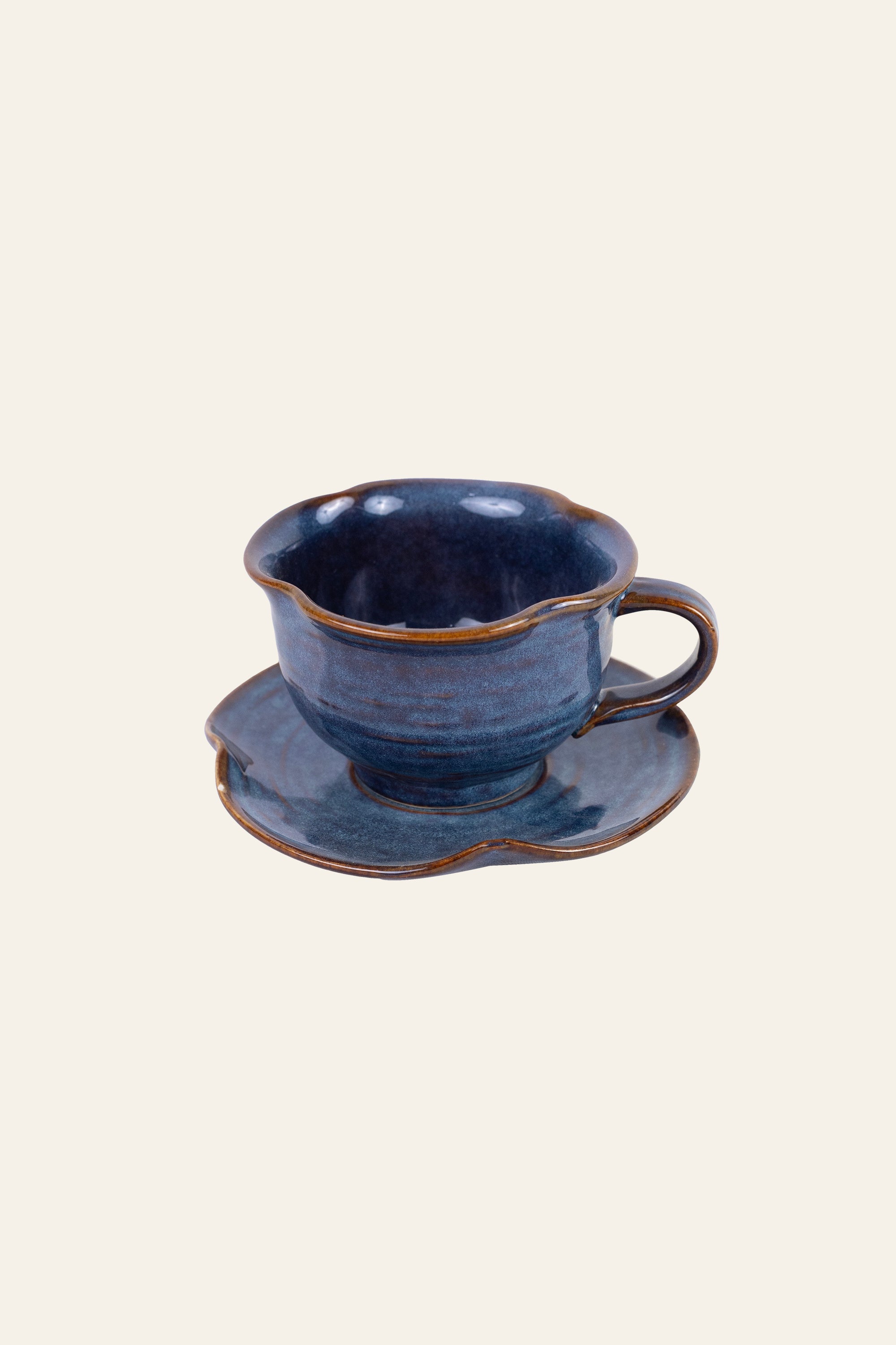 Navy Glazed Ceramic Cup & Saucer - Set of 2