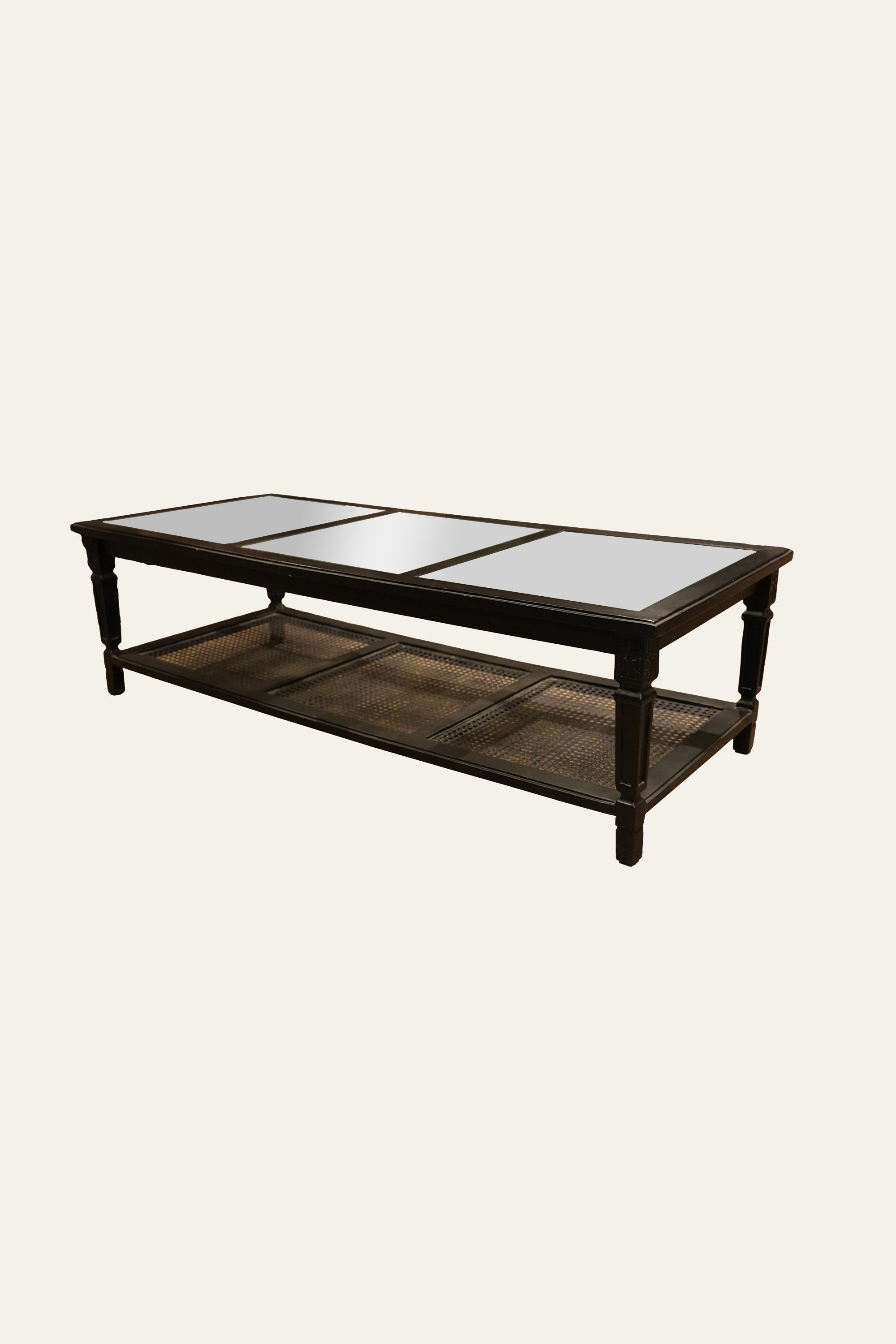 Gustavian Style Black 2-Tiered Glass Coffee Table with Cane Shelf