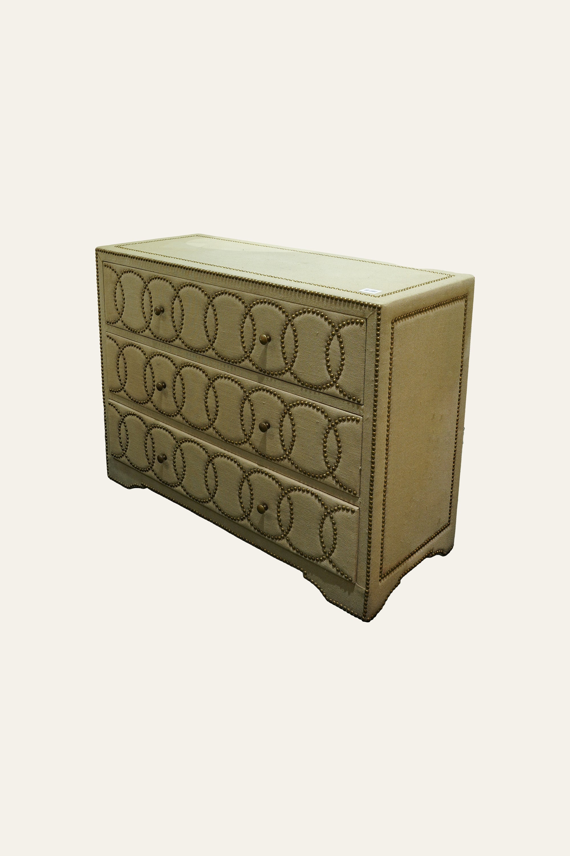 Linen Upholstered Wooden Chest of Drawer with Brass Rivets