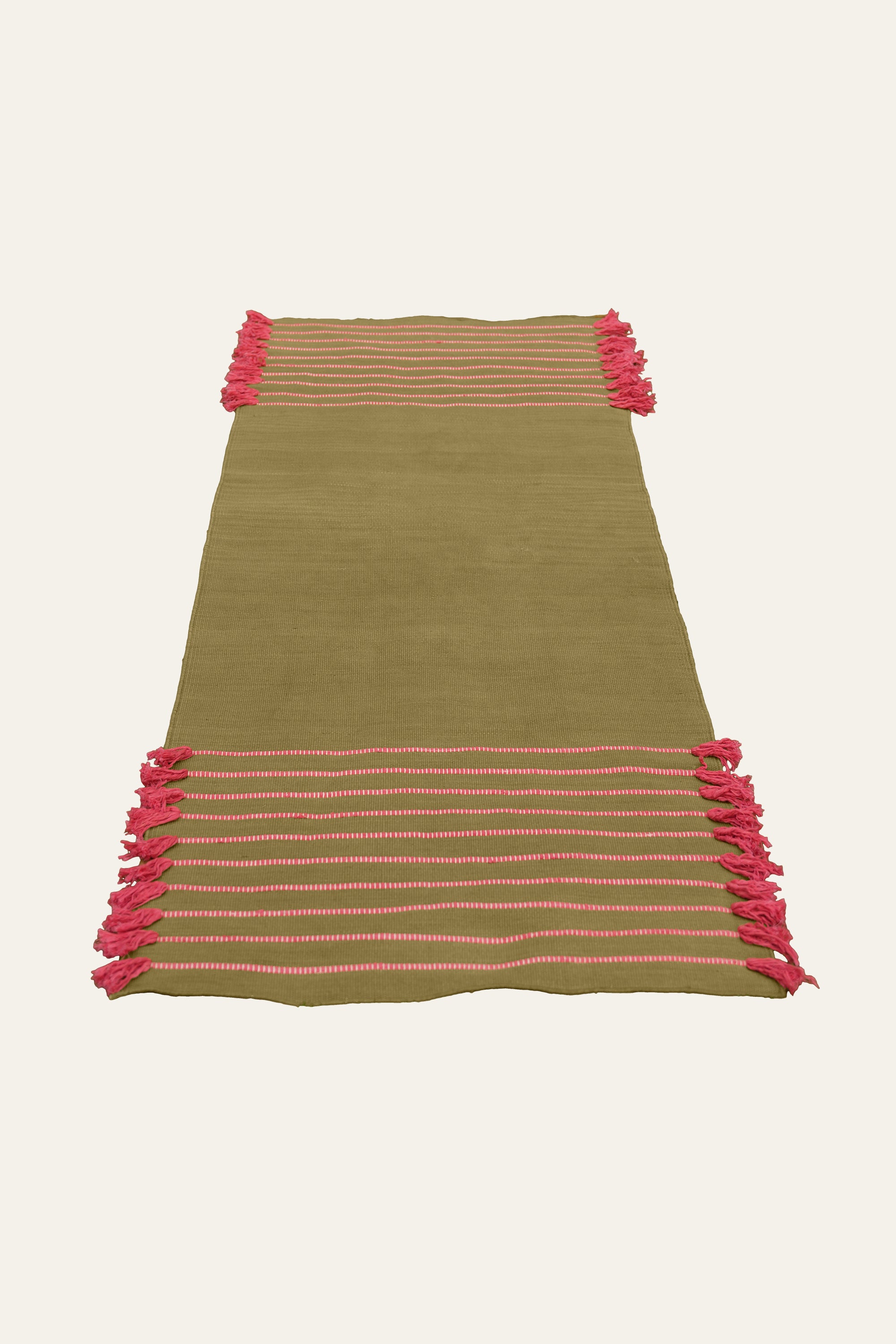 Olive Green Cotton Yoga Mat with Pink Fringe