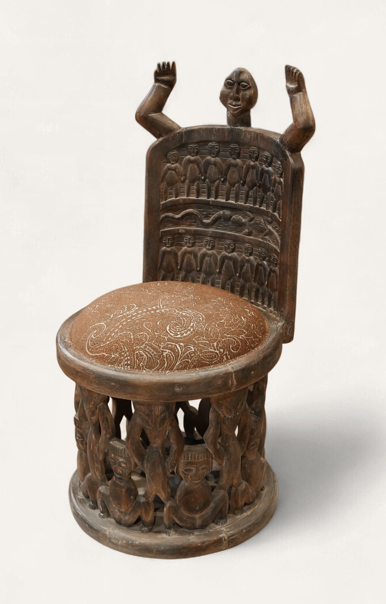 Tribal Carved Sculptural Chair with Round Upholstered Seat