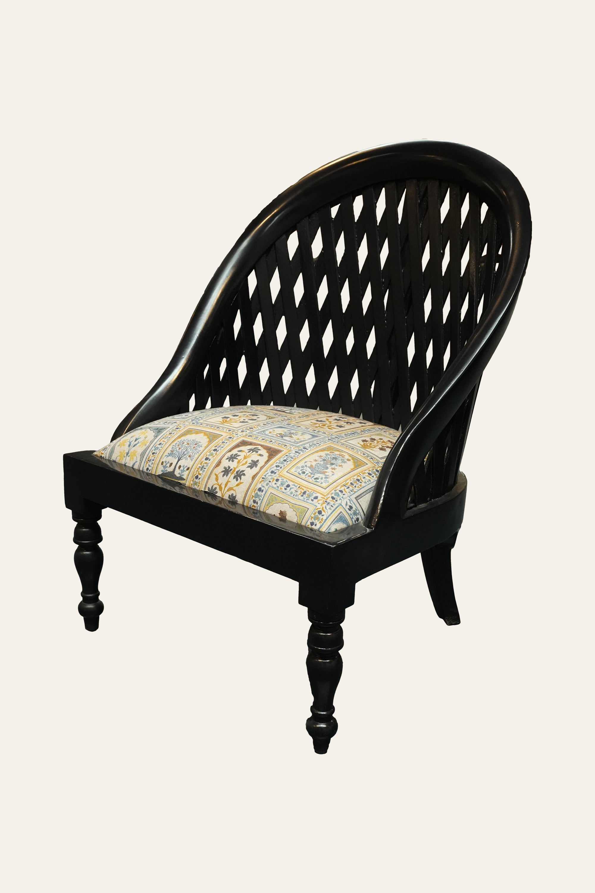 Black Lattice Back Accent Armchair with Floral Upholstery