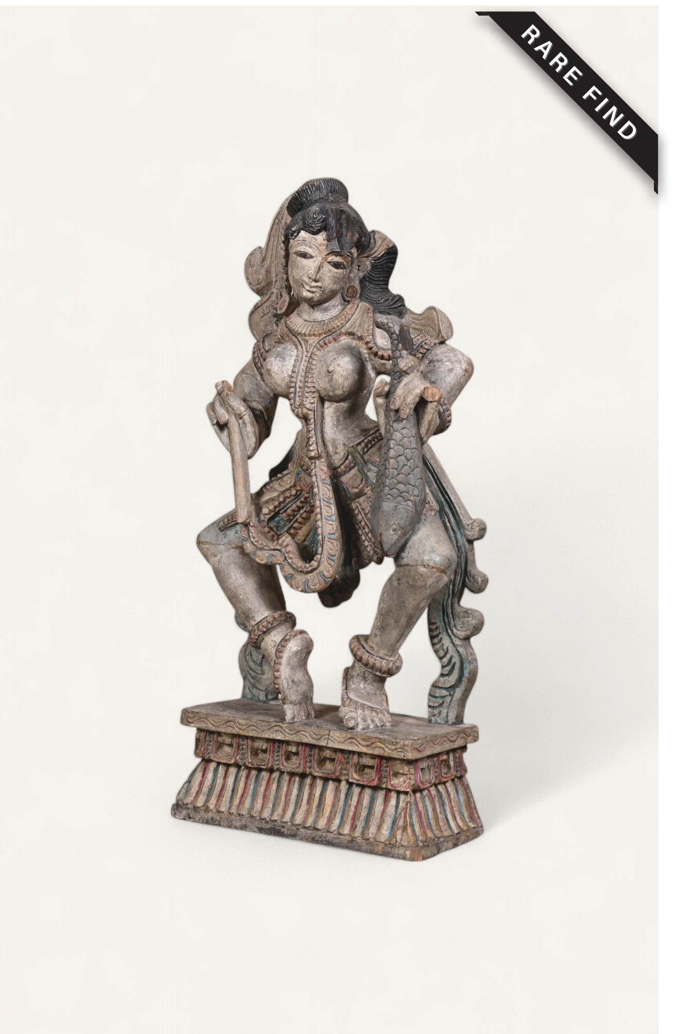 Vintage Hand-Carved Polychrome Teak Wood Hindu Goddess Statue