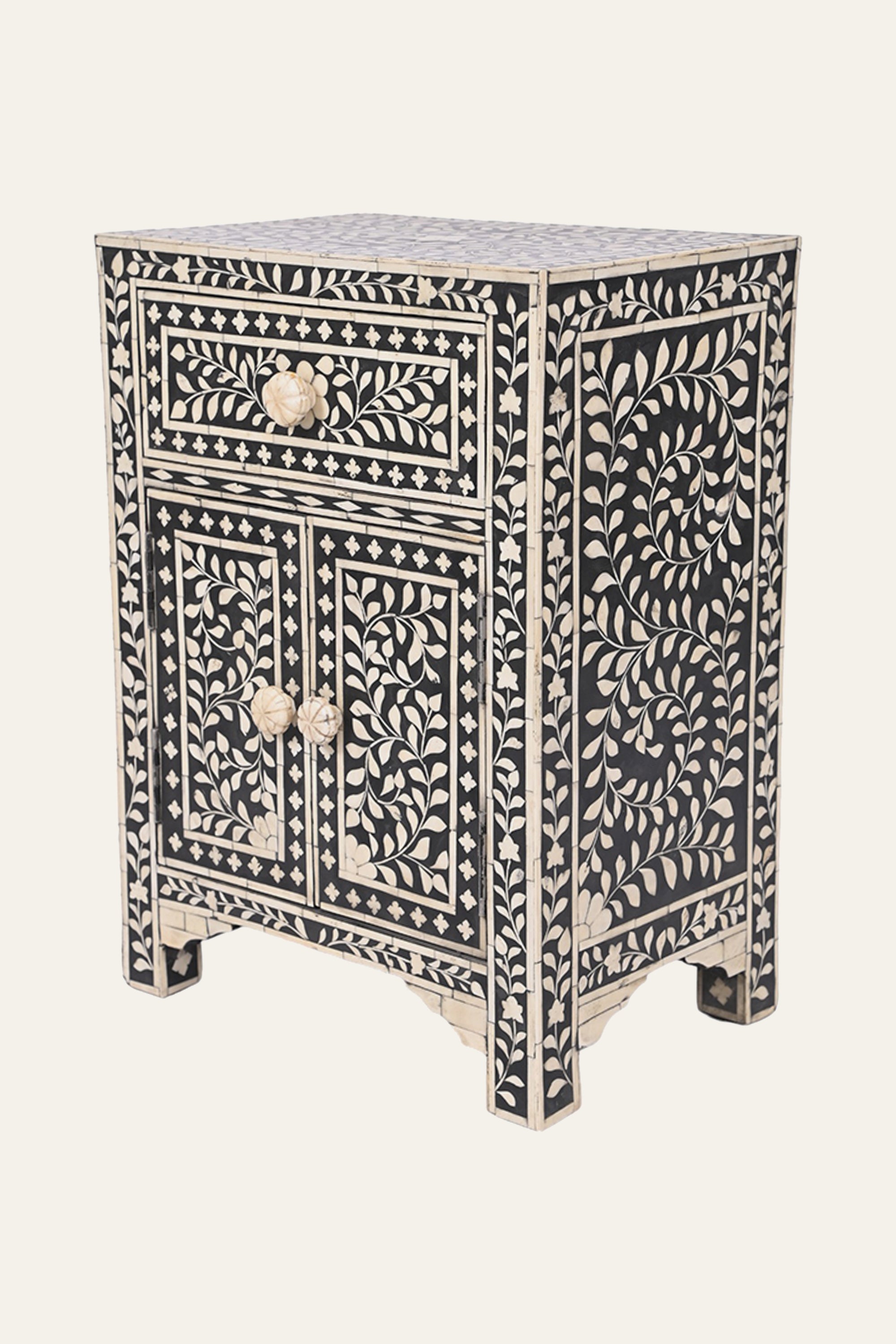 Black Bone Inlay Floral 1-Door Bedside Table with Storage Drawer
