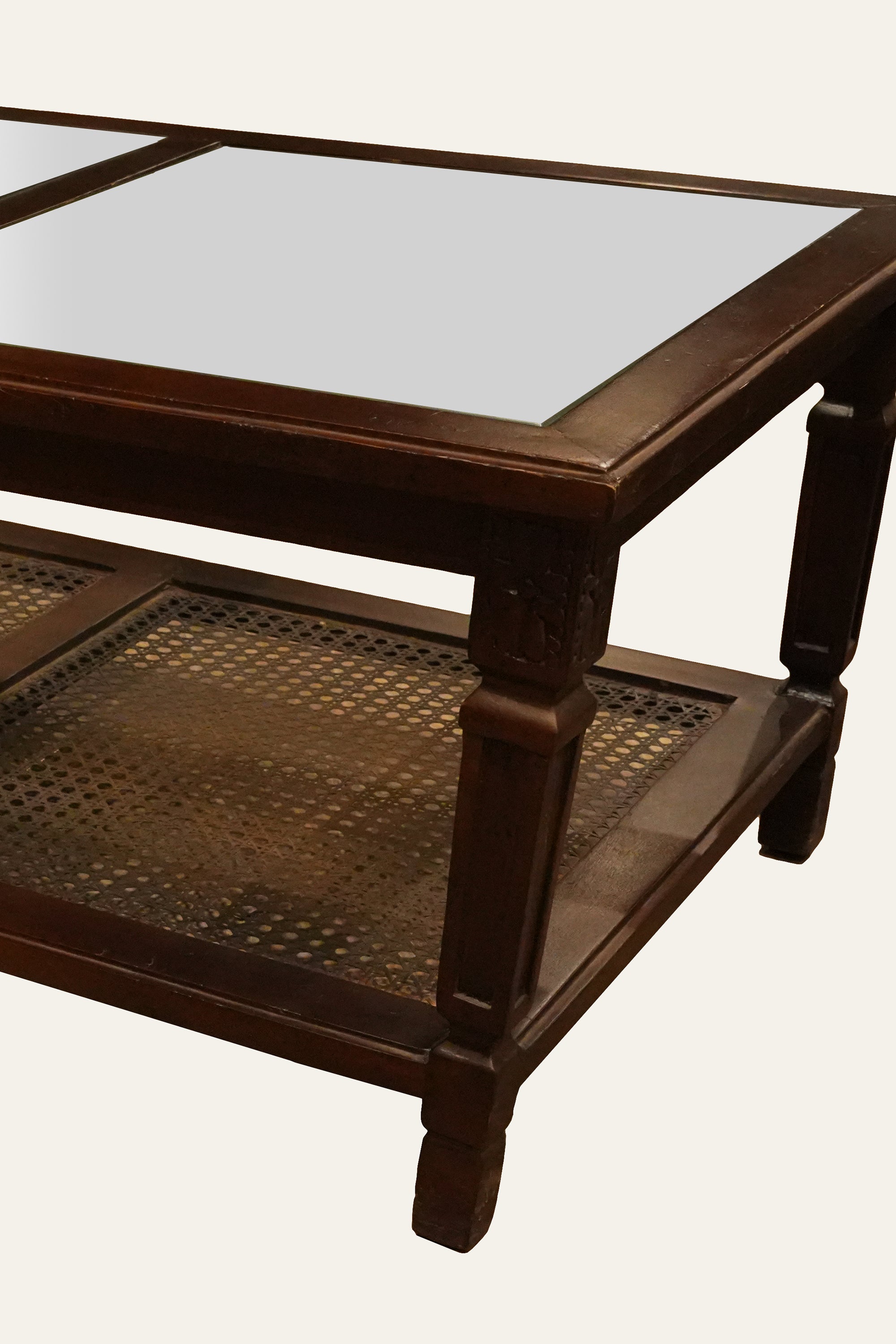 Gustavian Style Brown 2-Tiered Glass Coffee Table with Cane Shelf