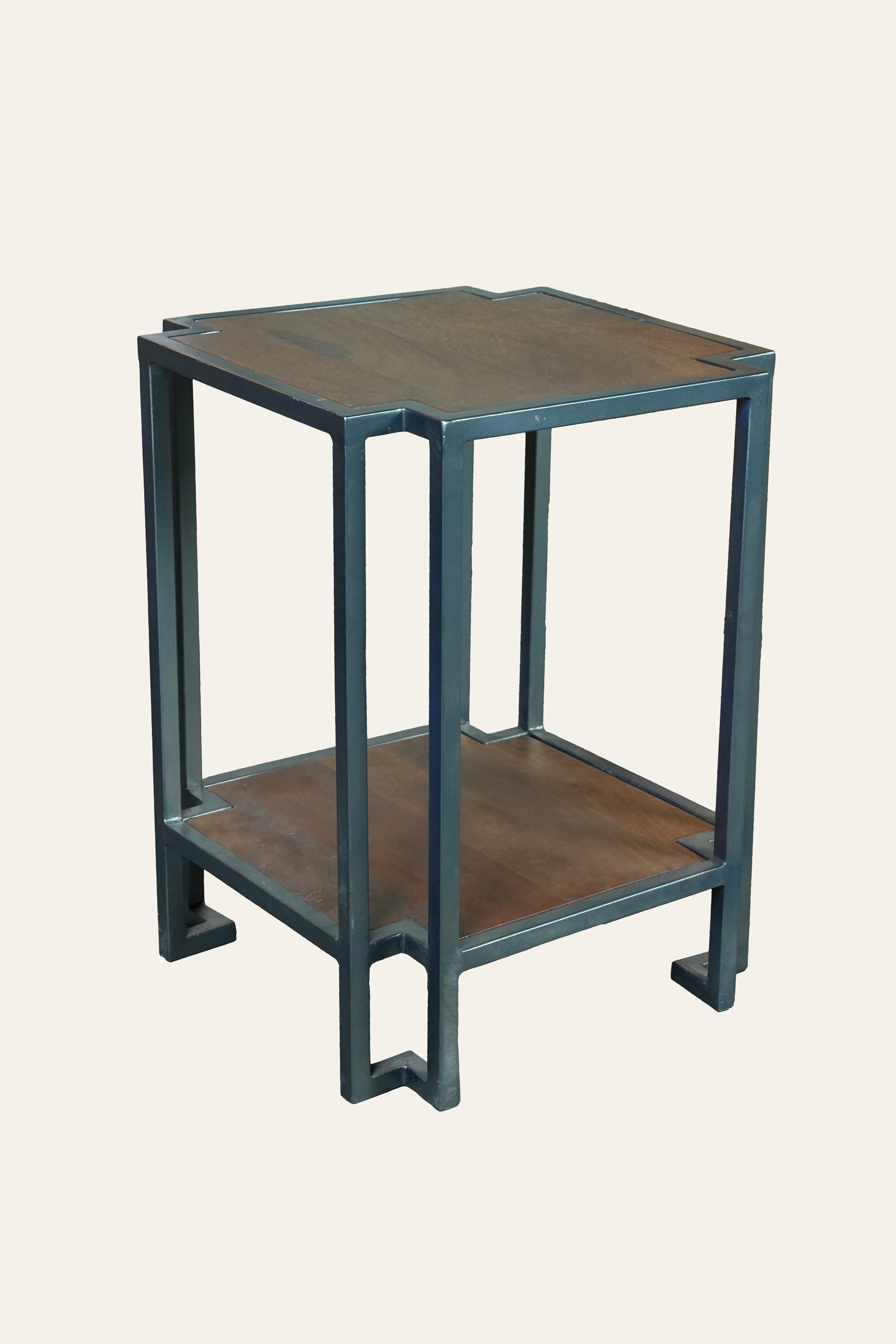 Industrial Two Tier Wood Side Table in Metal Frame