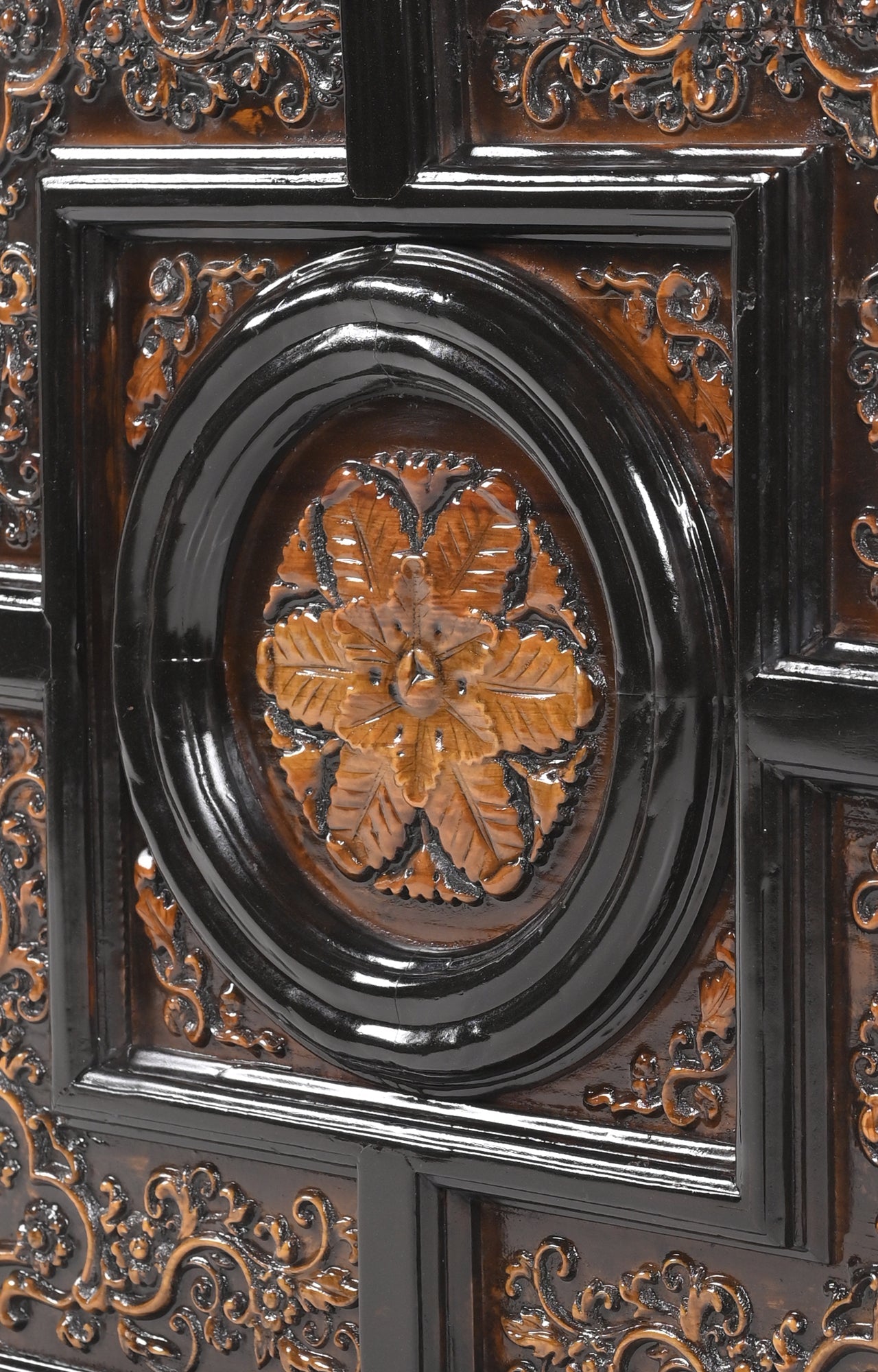 Square Black Wood Wall Panel with Floral Rosette Medallion