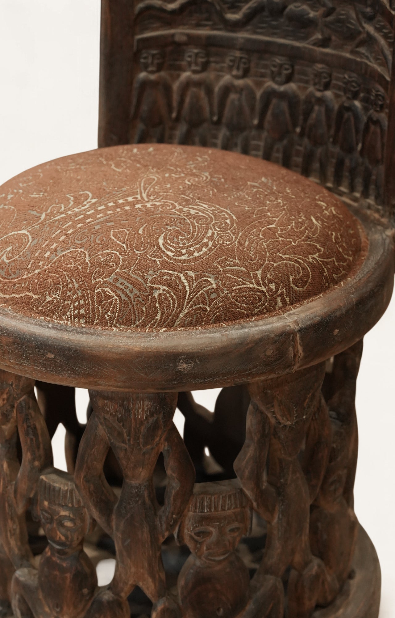 Tribal Carved Sculptural Chair with Round Upholstered Seat
