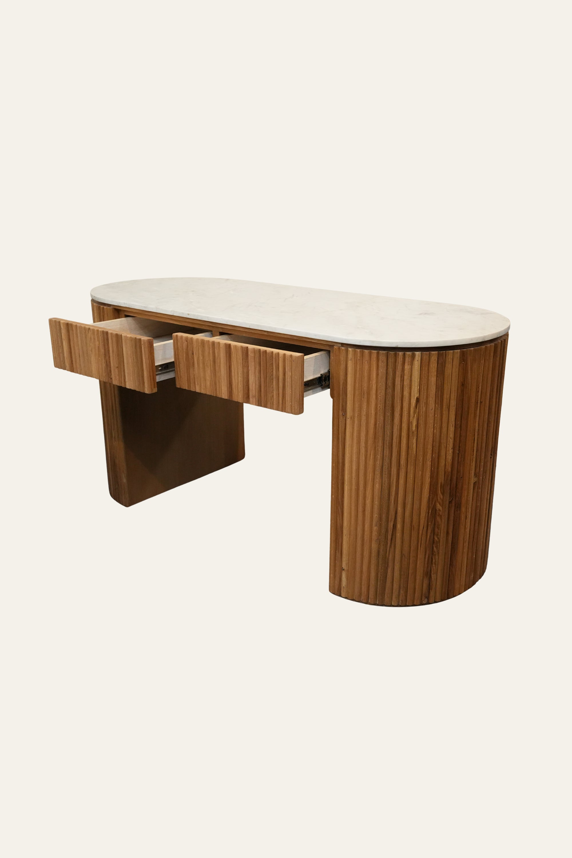Curved Oak and Marble Console Table