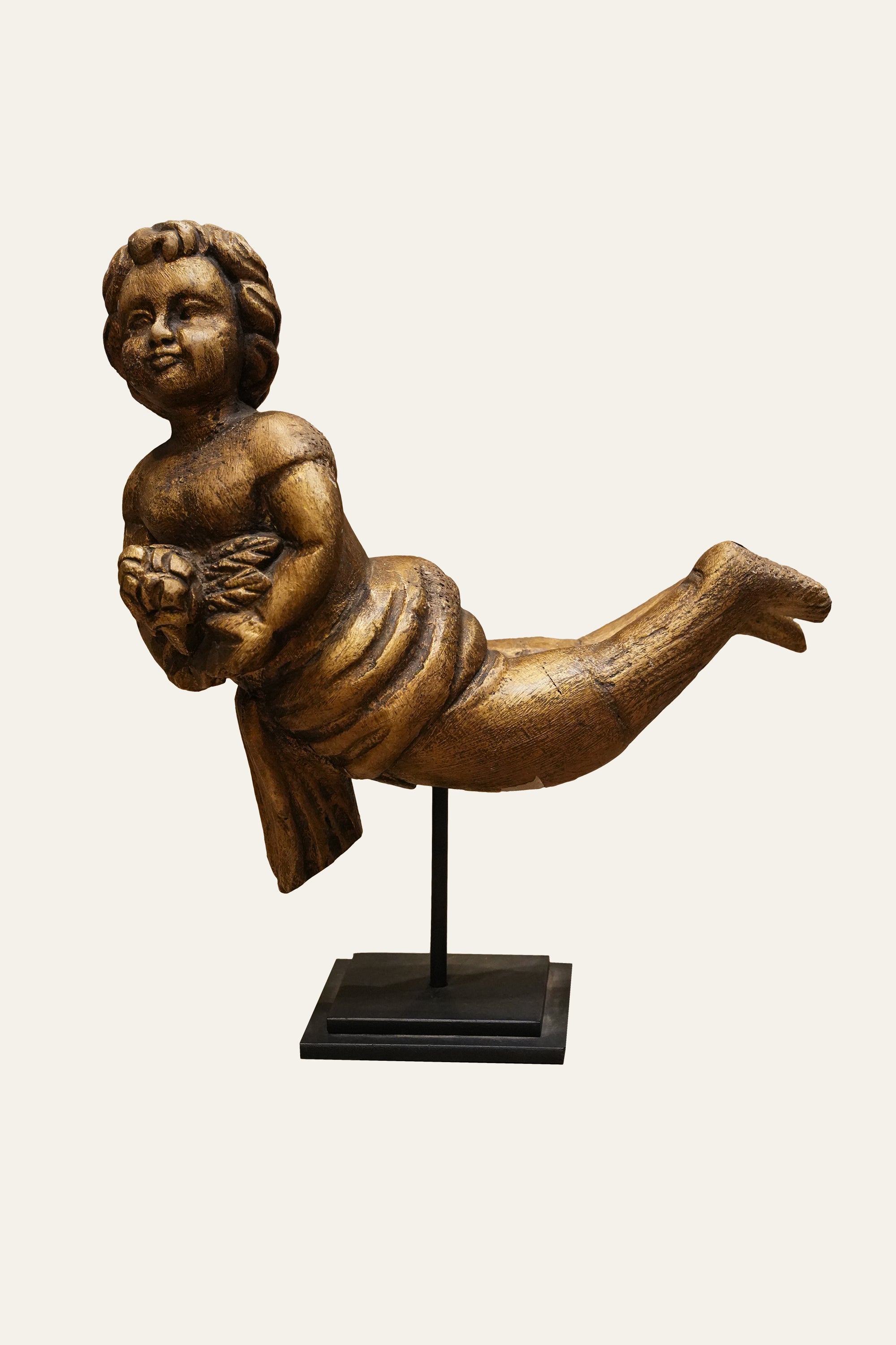 Cherub Statue on Display Stand in Wood