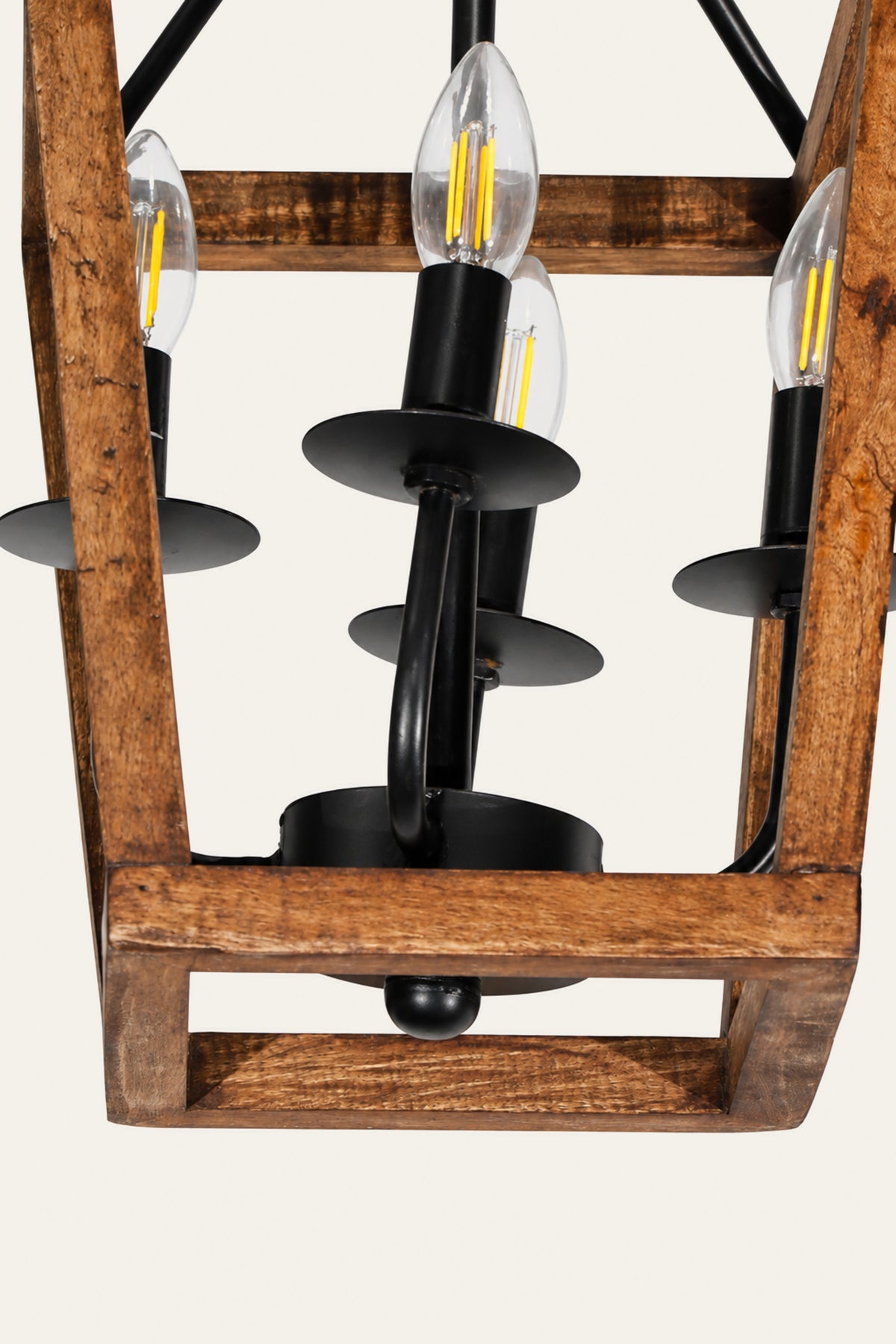 Wood-Framed Lantern Chandelier with Candle-Style Lights