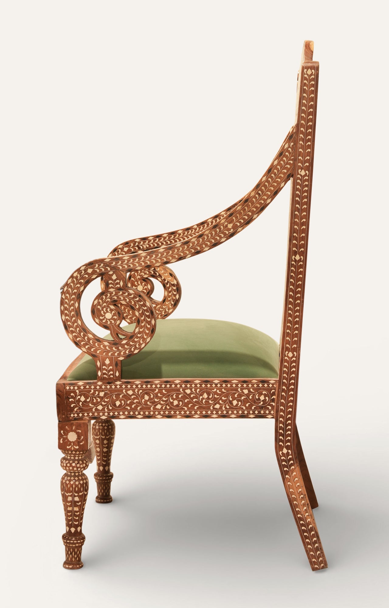 Handcrafted Inlay Wooden Armchair with Green Seat