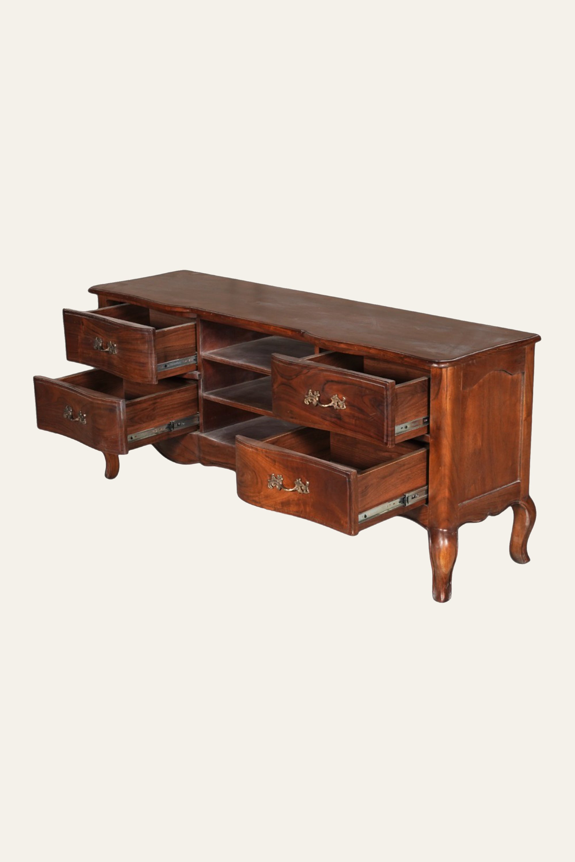 French Provincial Wooden TV Unit with 4 Drawers & Open Media Shelves
