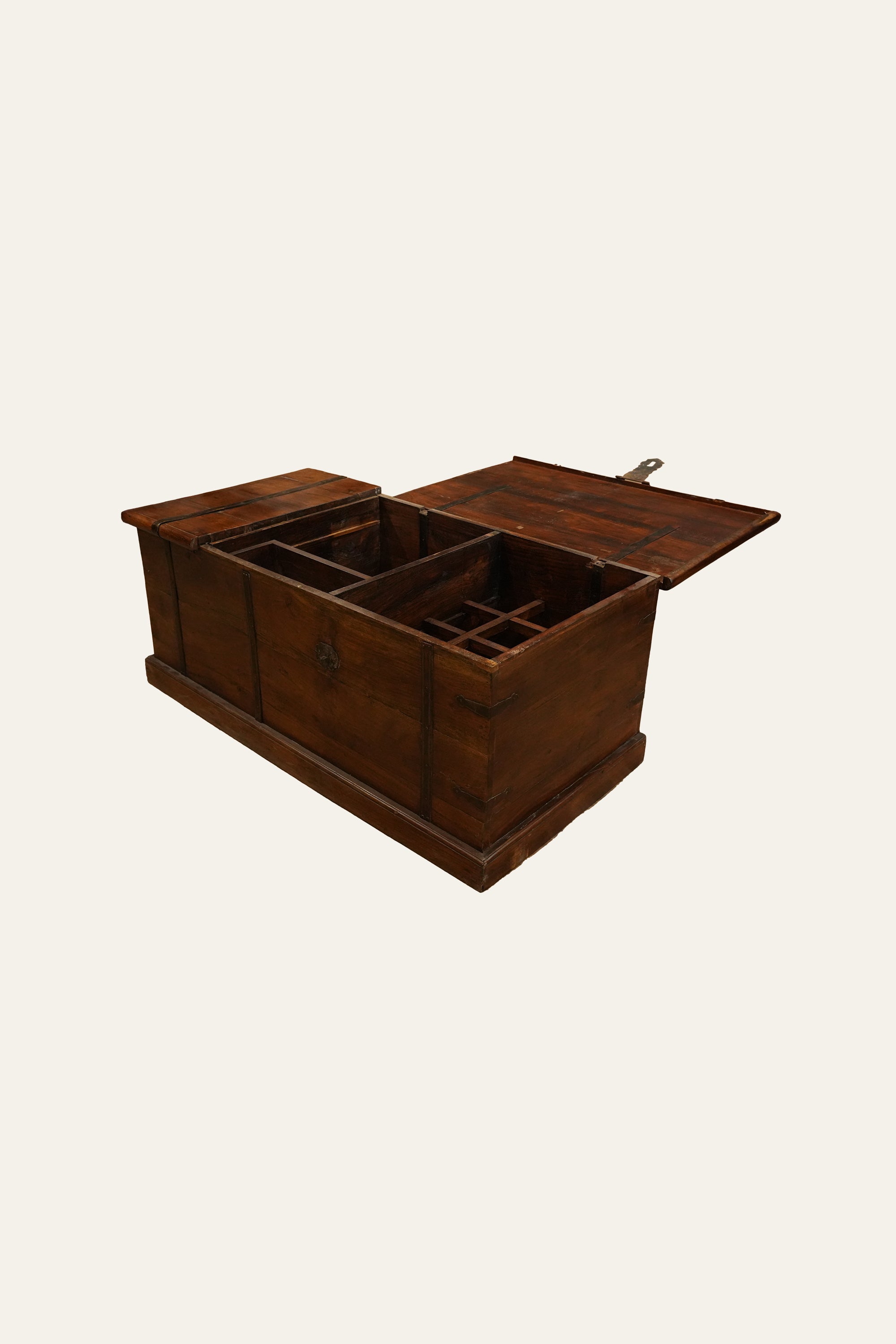 Colonial Wooden Trunk with Metal Strap Details
