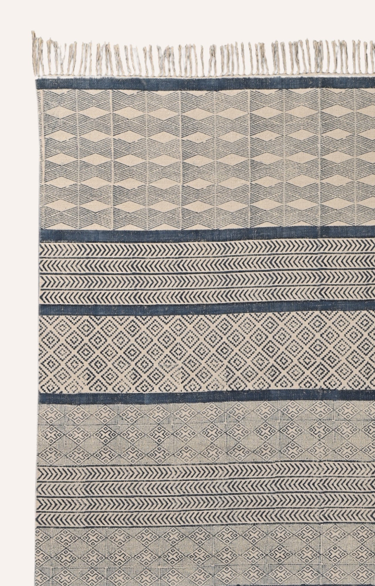 Blue and White Geometric Handwoven Block Print Rug