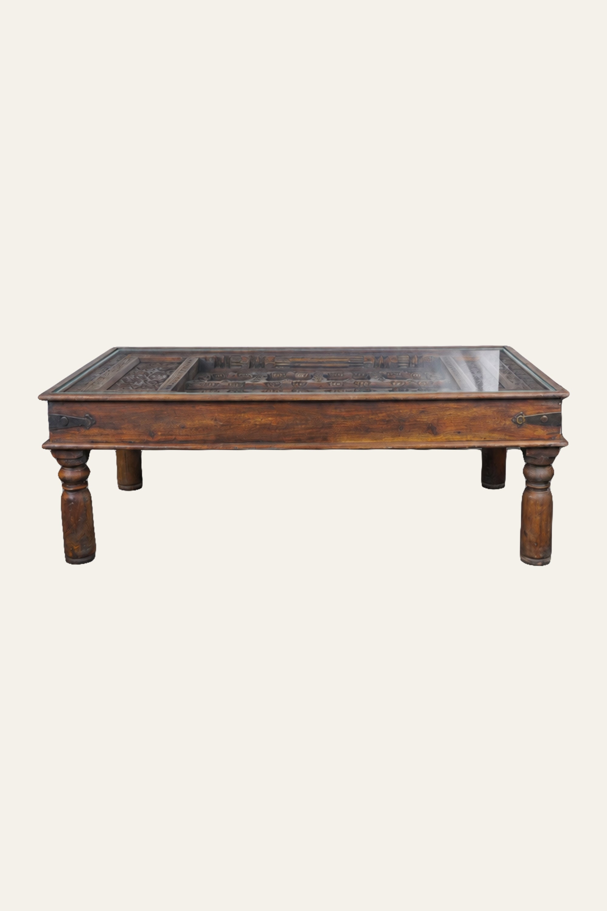 Recessed Carved Wooden Grid Panel Coffee Table