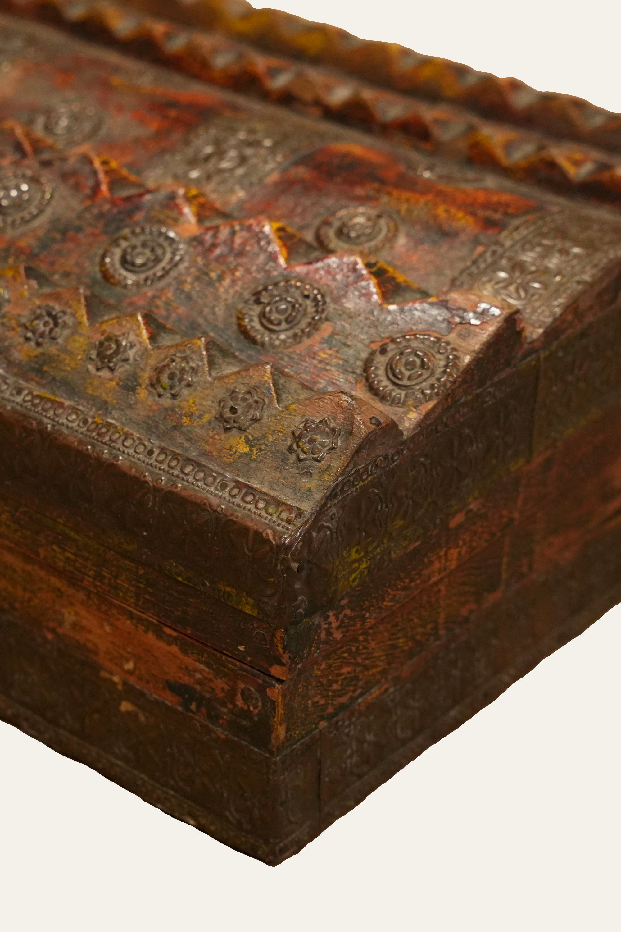 Vintage Style Wooden Storage Box with Embossed Metal Rosettes