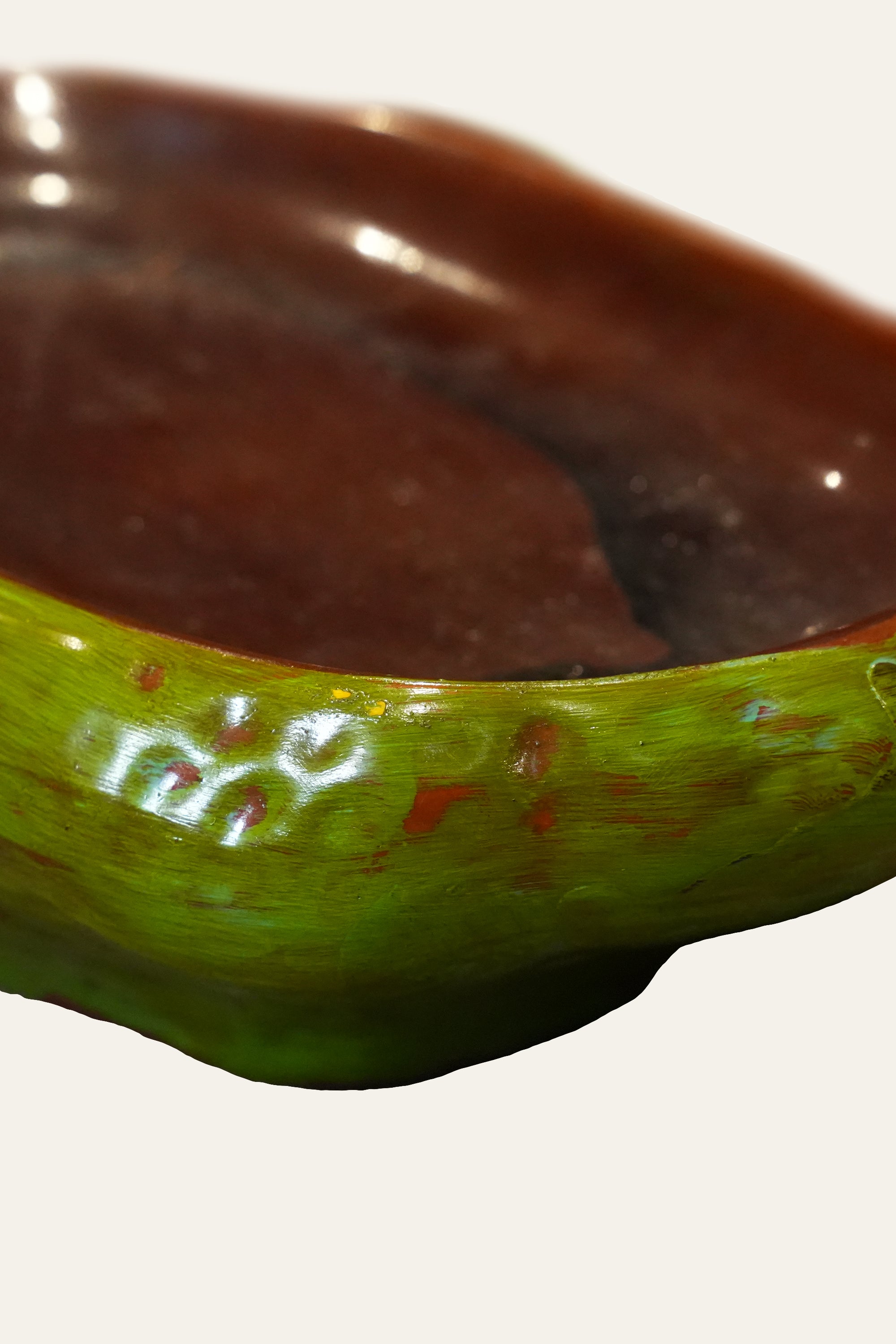 Oval Green & Brown Glazed Ceramic Bowl