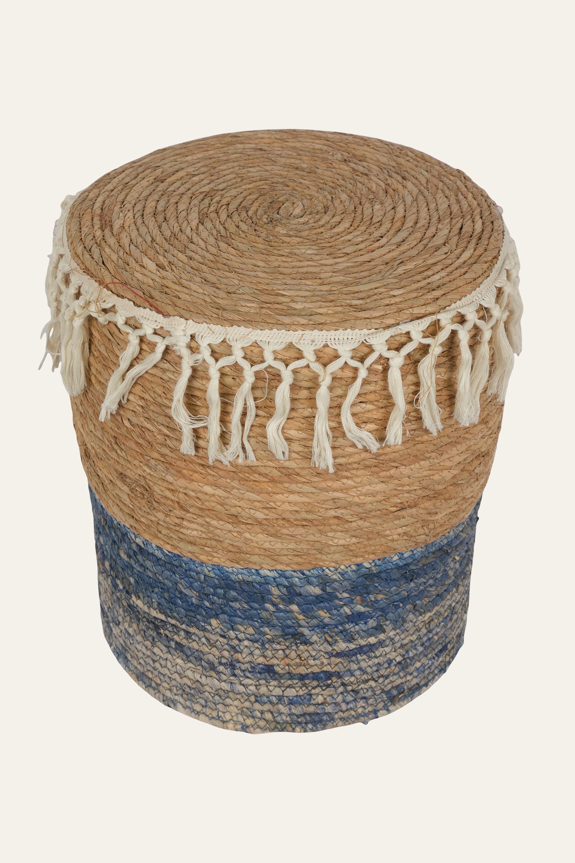 Dual Toned Natural Fibre Tassel Pouf in Wood