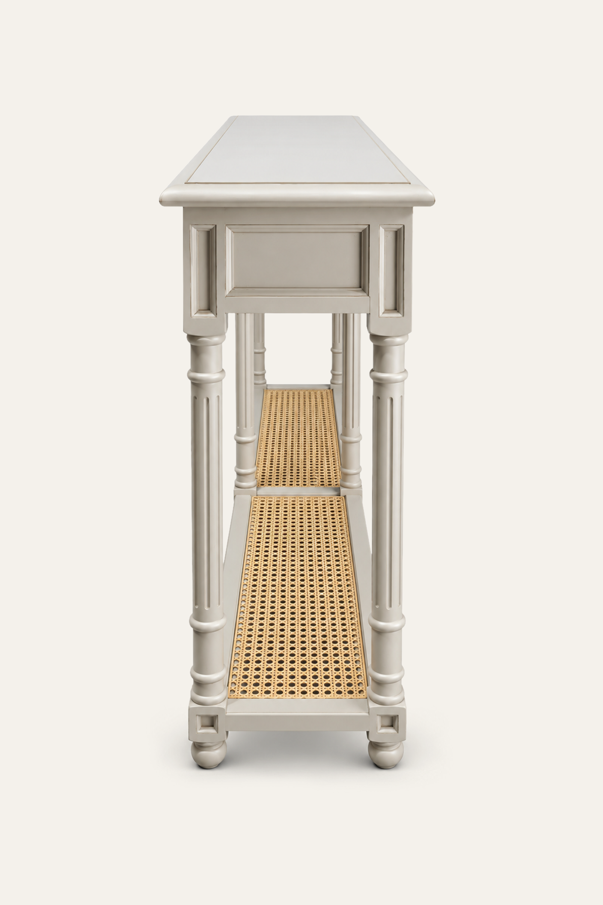 White 4-Drawer Console Table with Woven Cane Shelf for Narrow Hallways