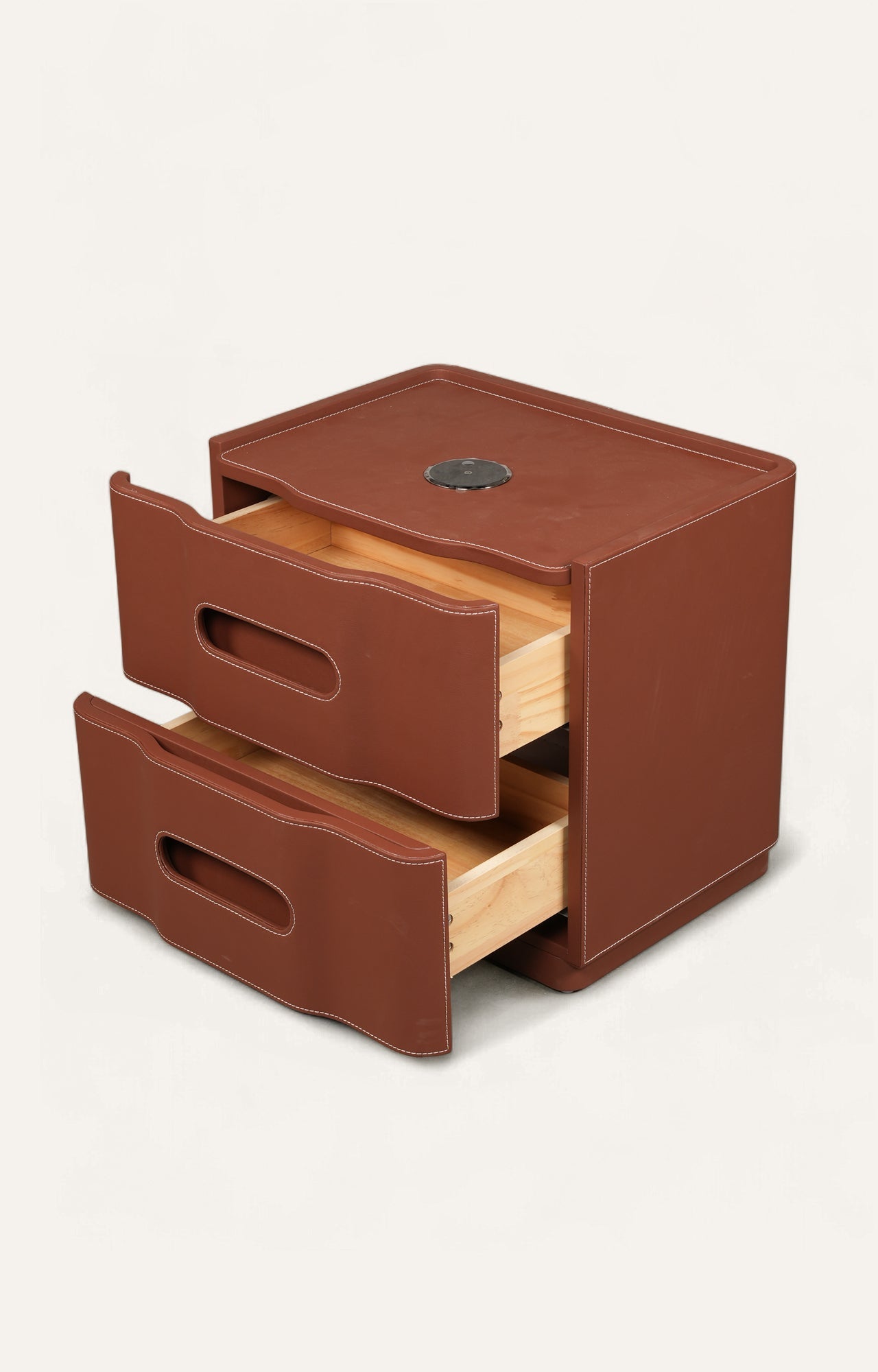 Leather Upholstered Two-Drawer Nightstand with Cutout Handles