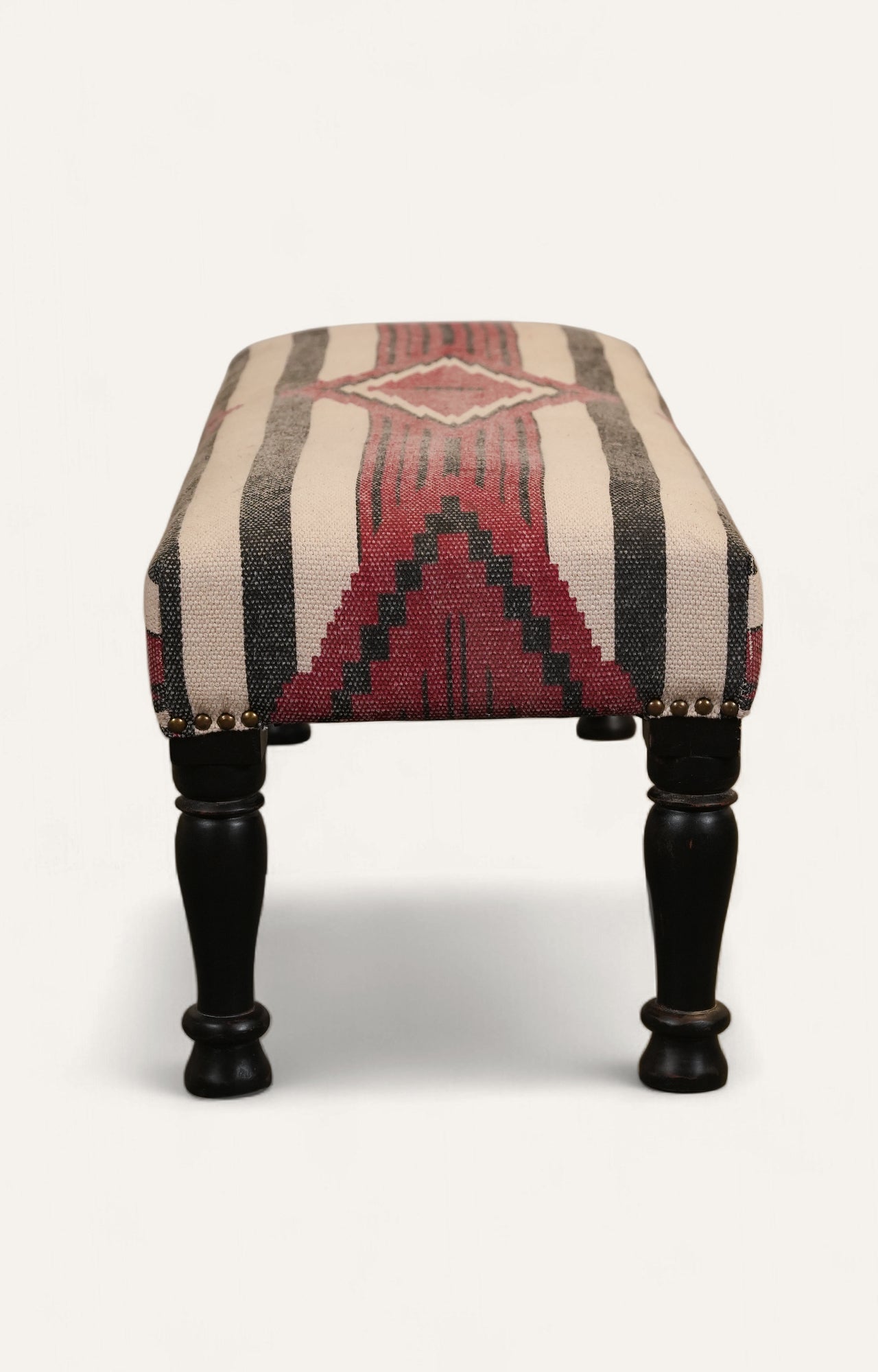 Kilim Upholstered Wooden Bench with Turned Legs