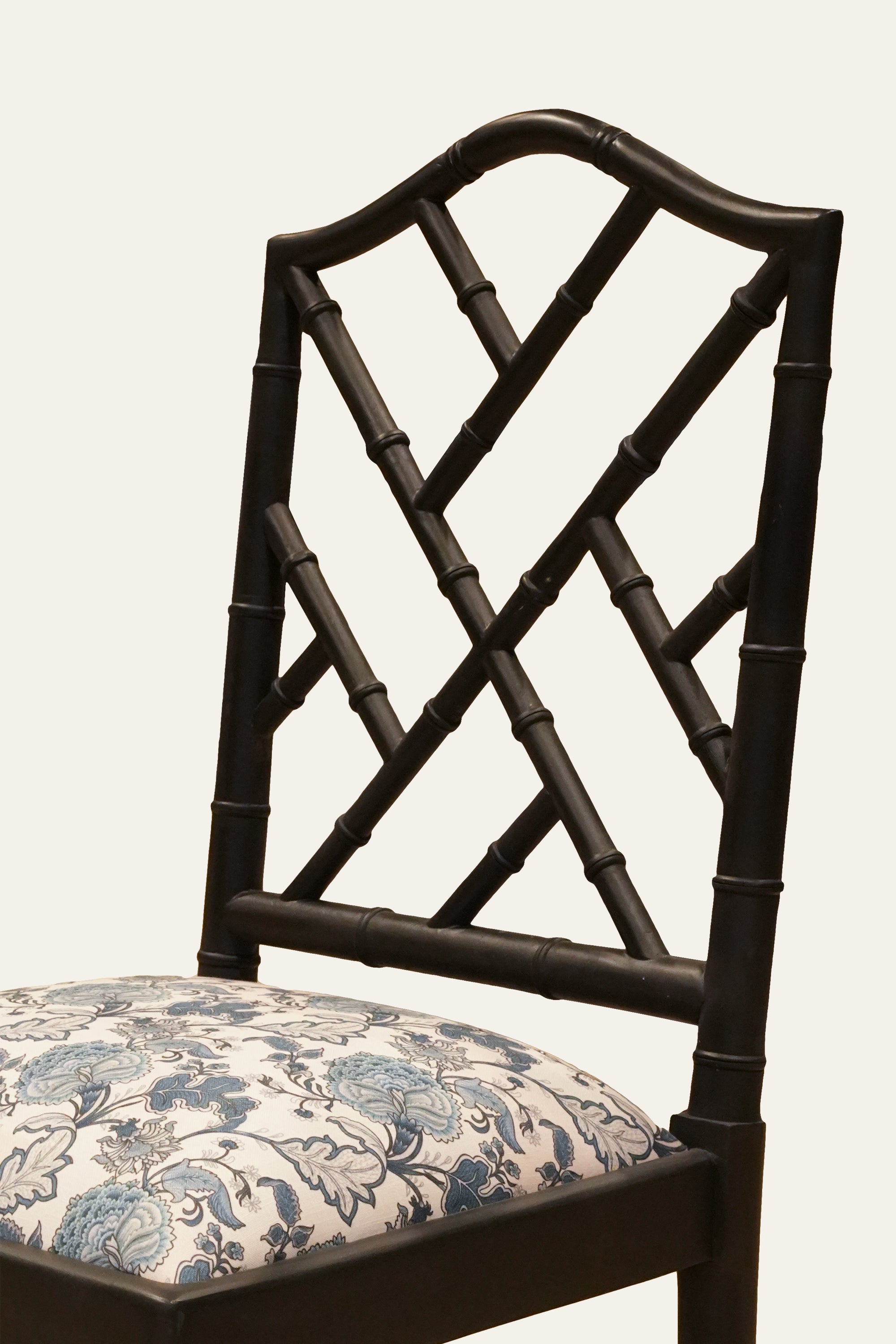 Black Bamboo Lattice Dining Chair with Floral Seat