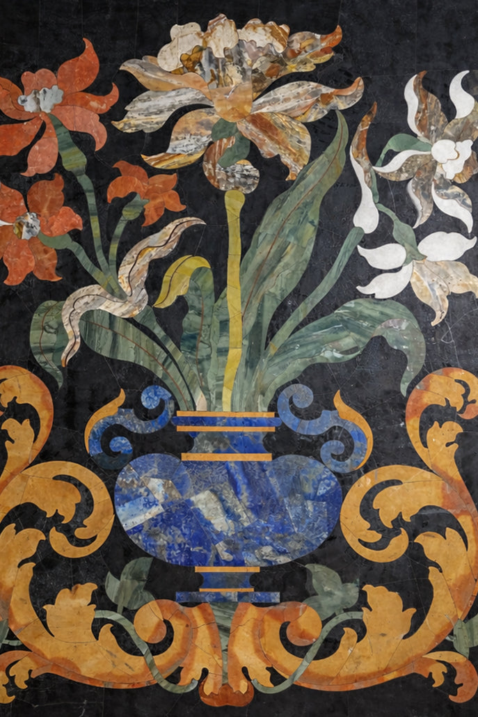 Black Marble Semi Precious Stone Inlay Floral Wall Panel