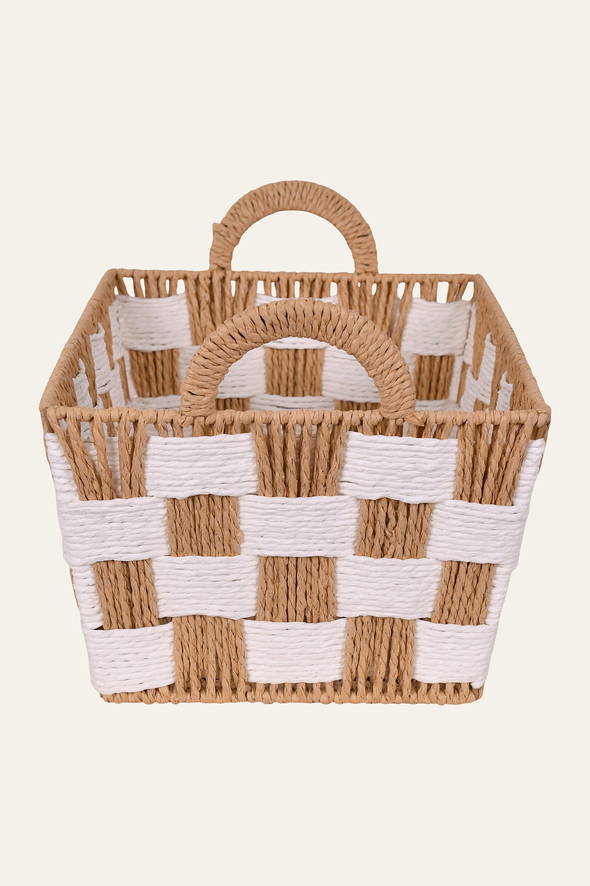 Brown & White Checkered Woven Storage Basket – Large