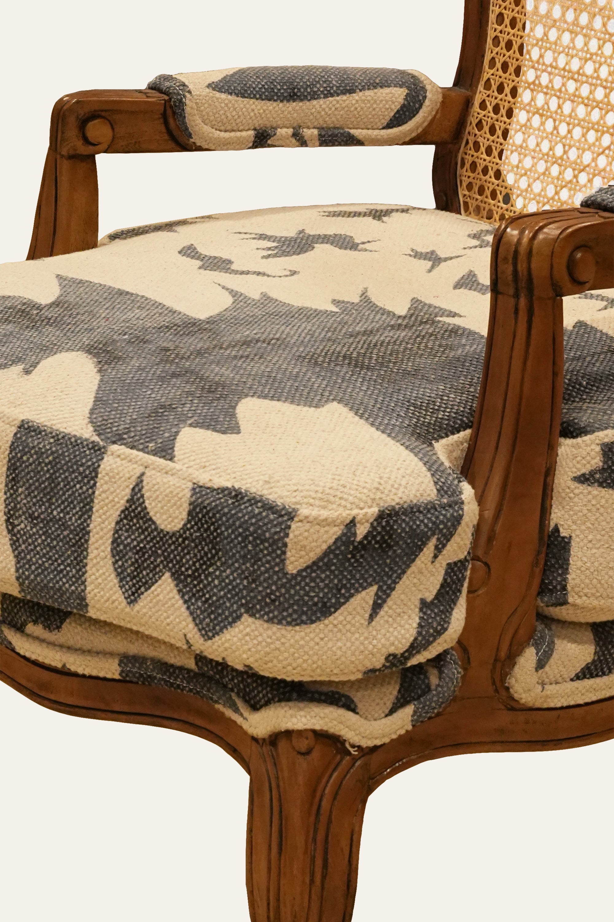 French Provincial Style Cane Back Armchair with Patterned Seat