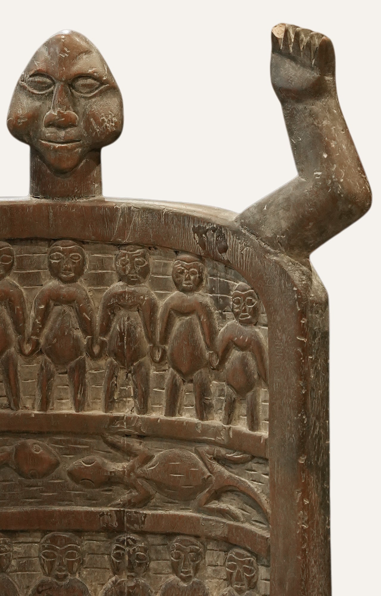 Tribal Carved Sculptural Chair with Round Upholstered Seat