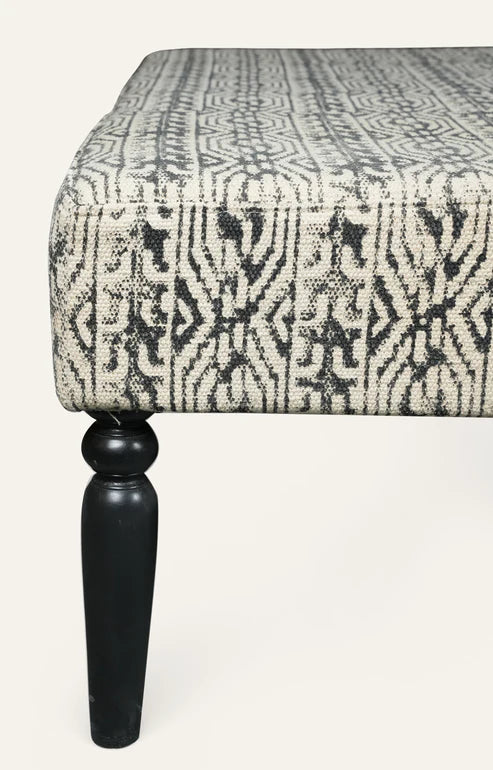 Ikat-Print Upholstered Square Ottoman with Black Turned Legs