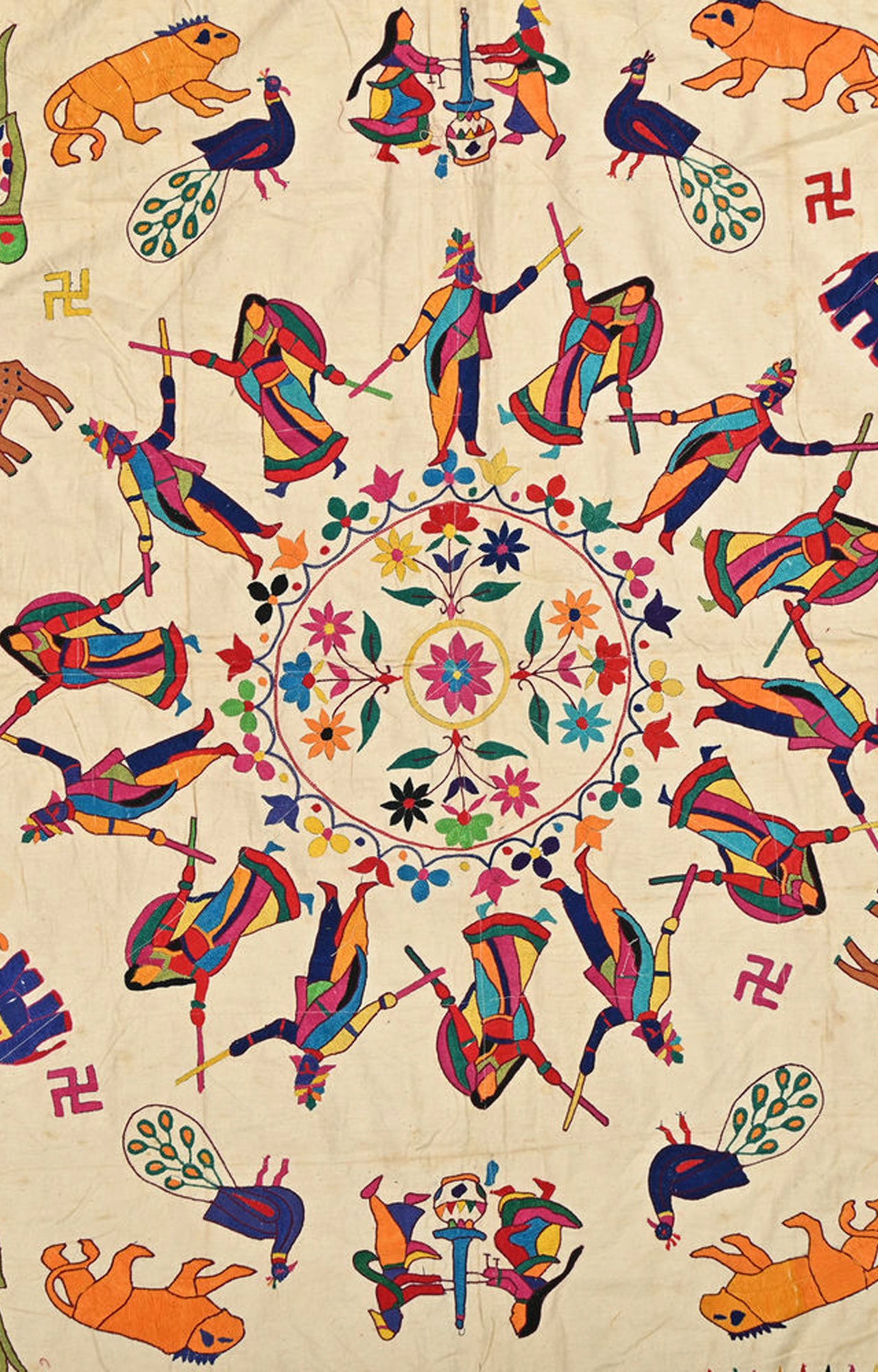 Vibrant Kutch Embroidery Cotton Wall Textile with Parrot, Animal, and Garba Dance Figures