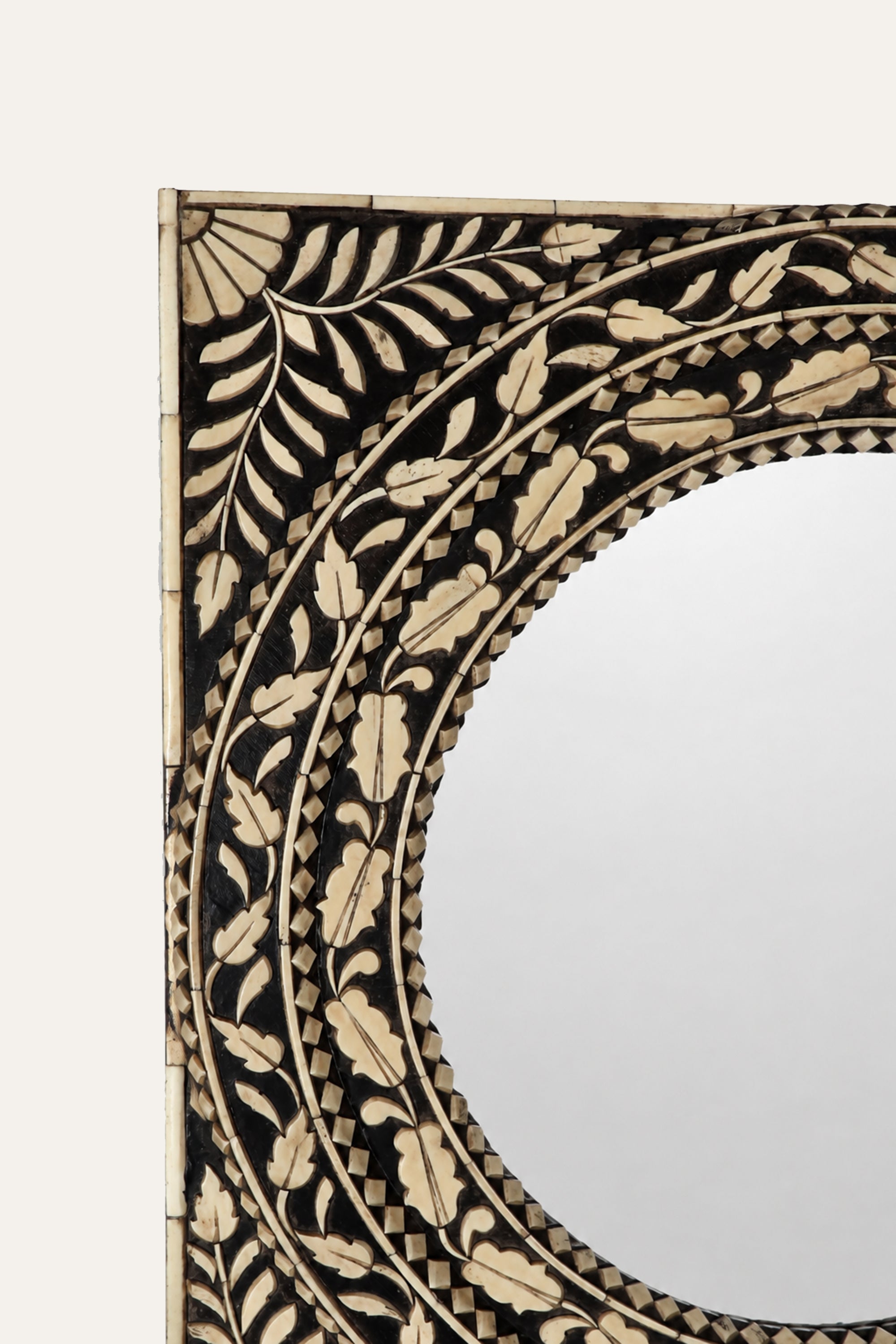 Black and White Camel Bone Inlay Floral Motif Mirror for Foyer