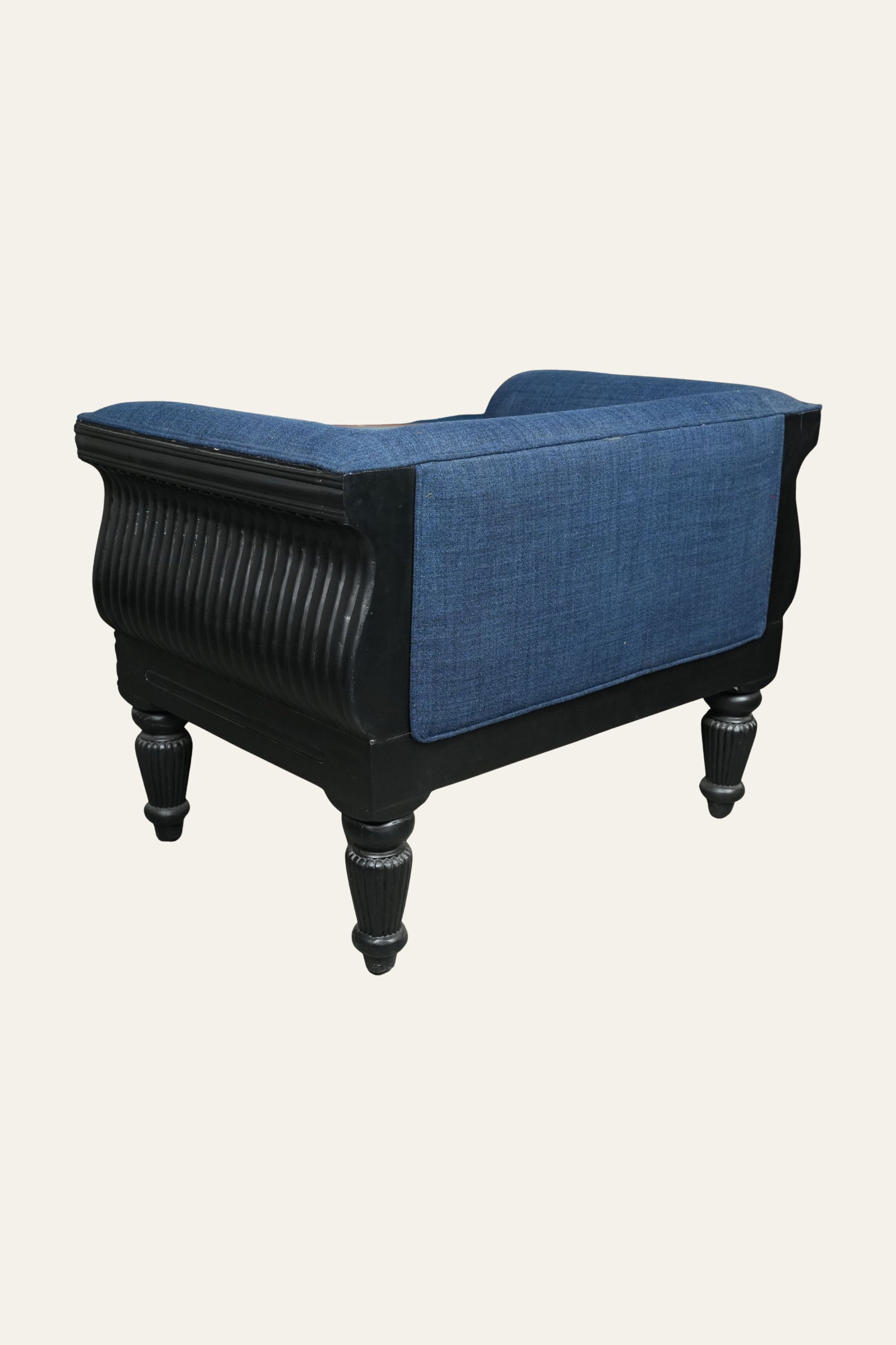 Blue Barrel Armchair with Black Carved Wood Frame