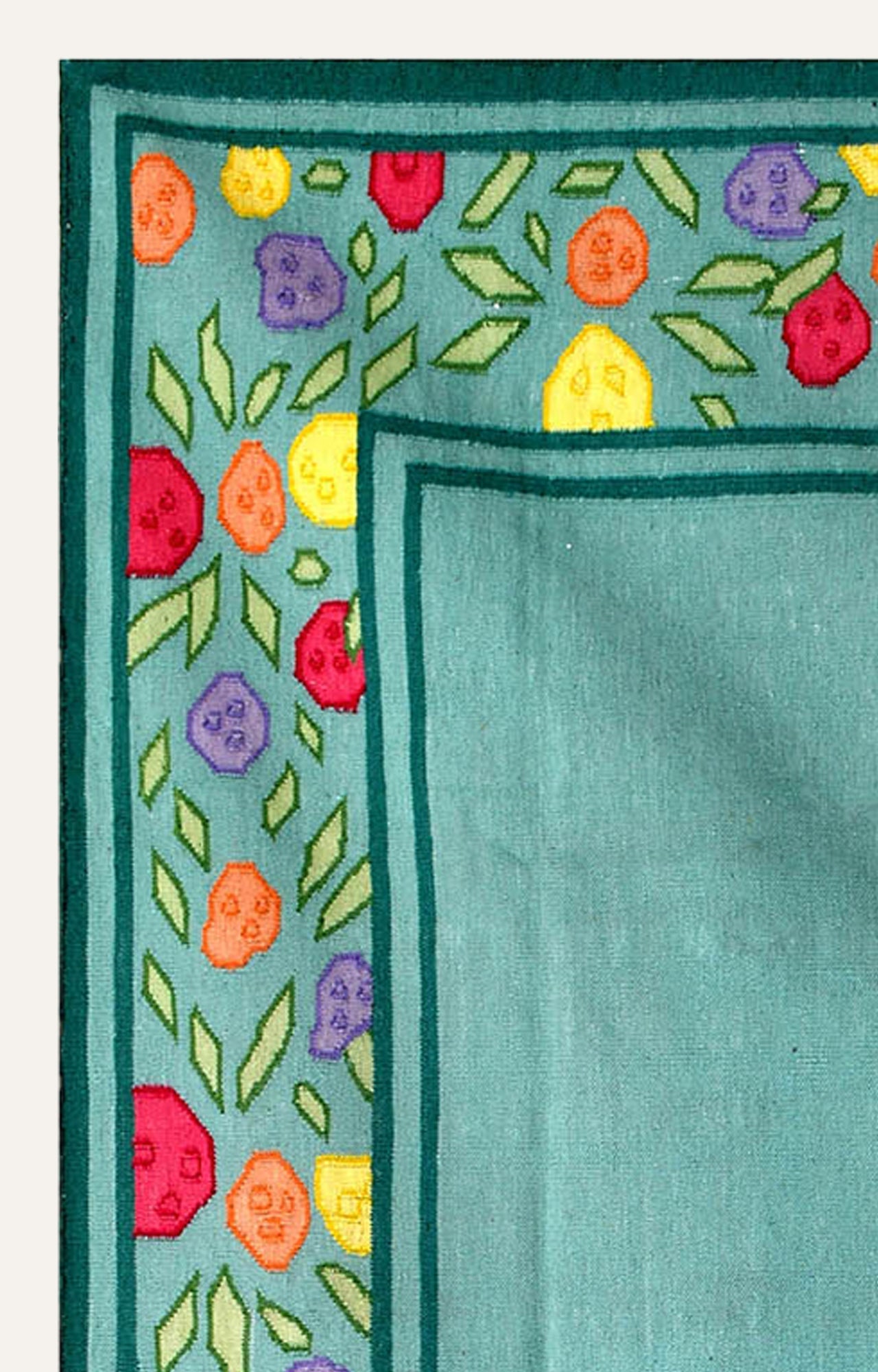 Teal Floral Border Cotton Tablecloth