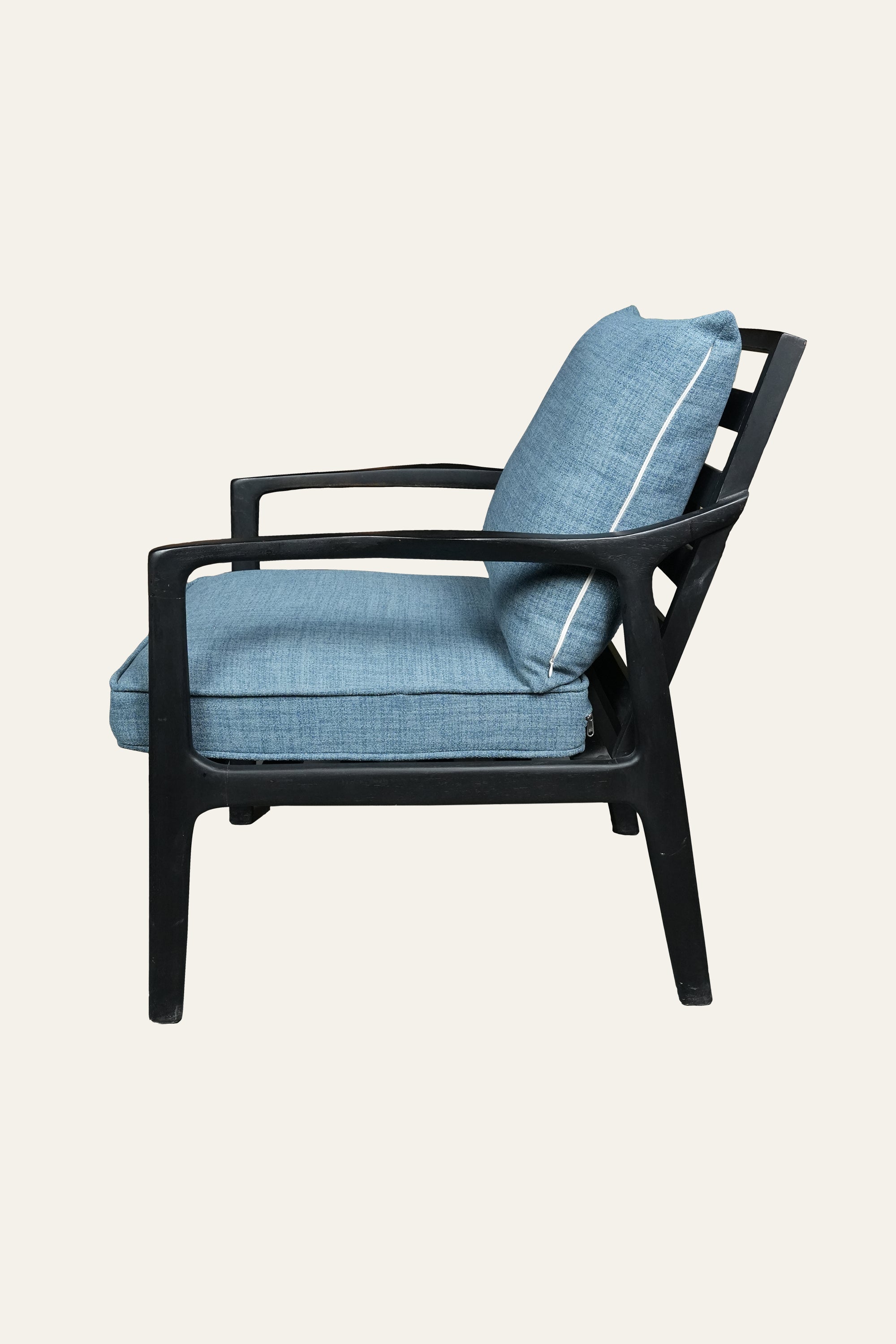 Blue Upholstered Wooden Lounge Chair with Slatted Backset