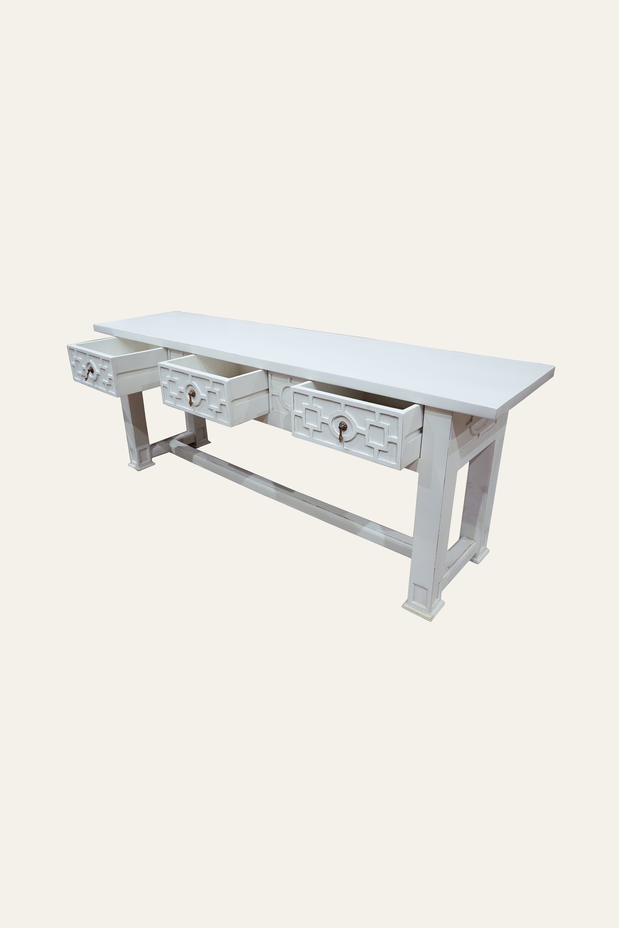 White Wooden Carved Geometric Pattern Console with 3 Drawers