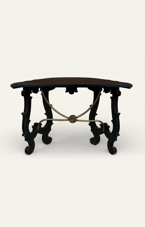 Antique Black Lacquer Demilune Console with Brass Stretcher