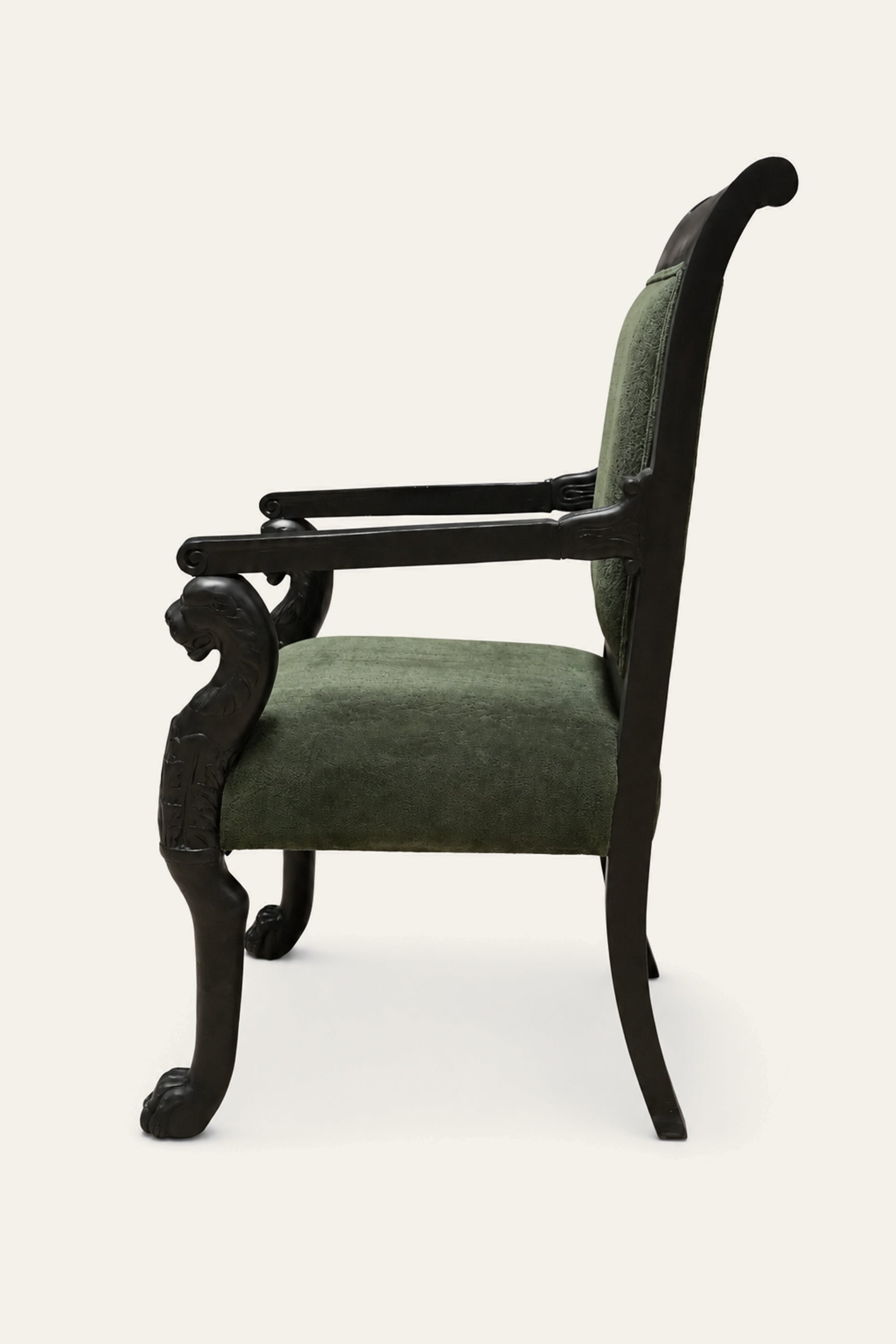 Empire Revival Style Carved Dark Green Upholstered Armchair