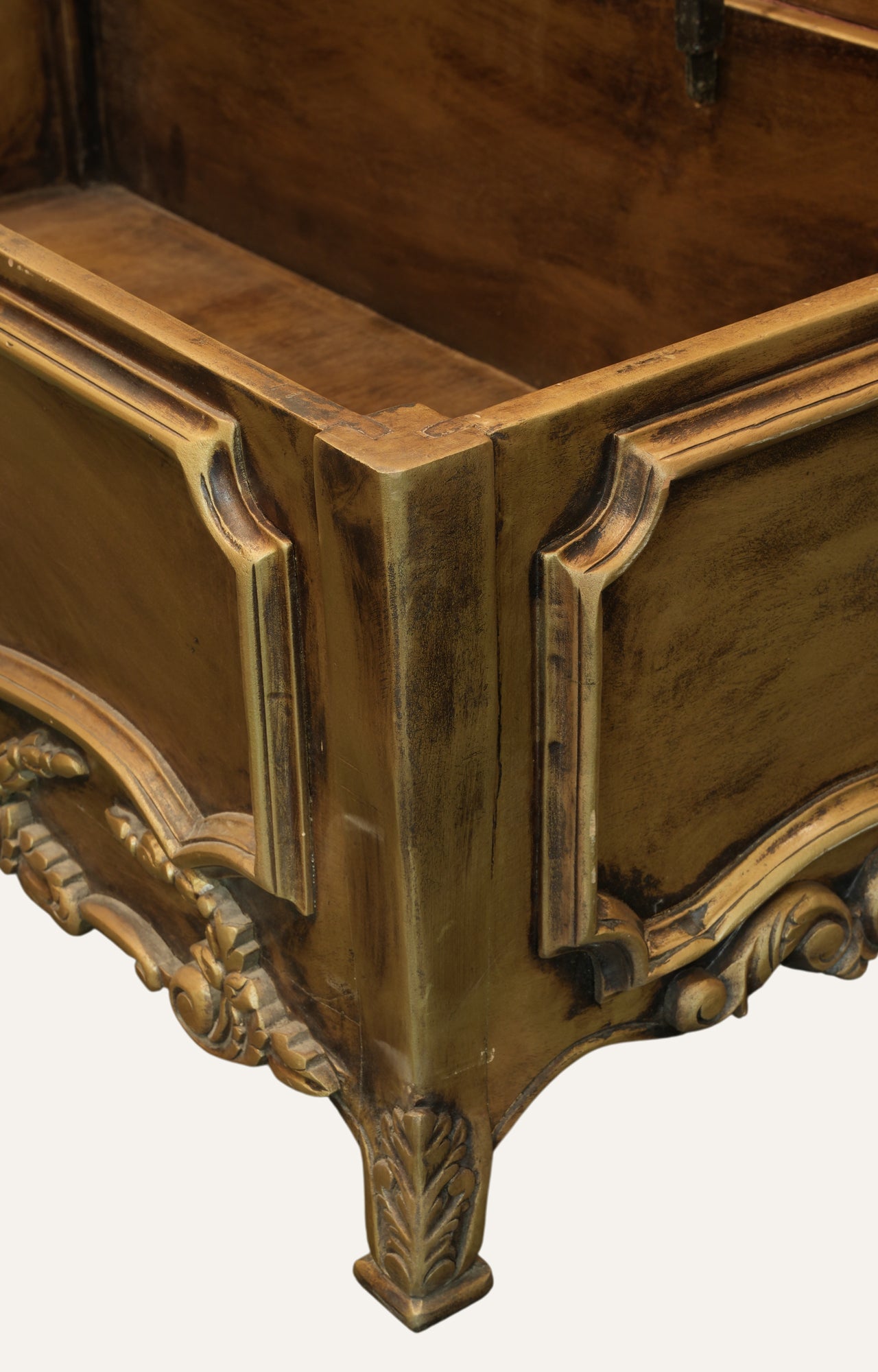 Gold Carved Storage Bench with Velvet Upholstered Seat