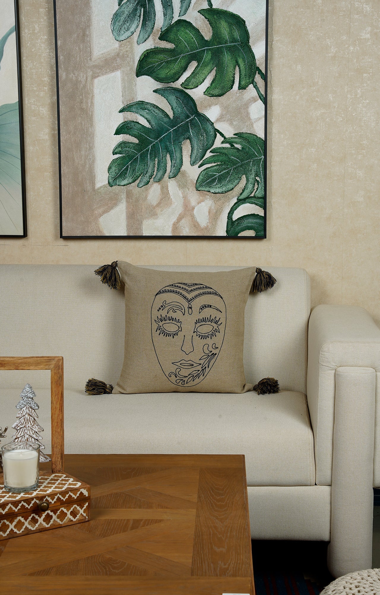 Embroidered Mask Motif Cushion with Tassels
