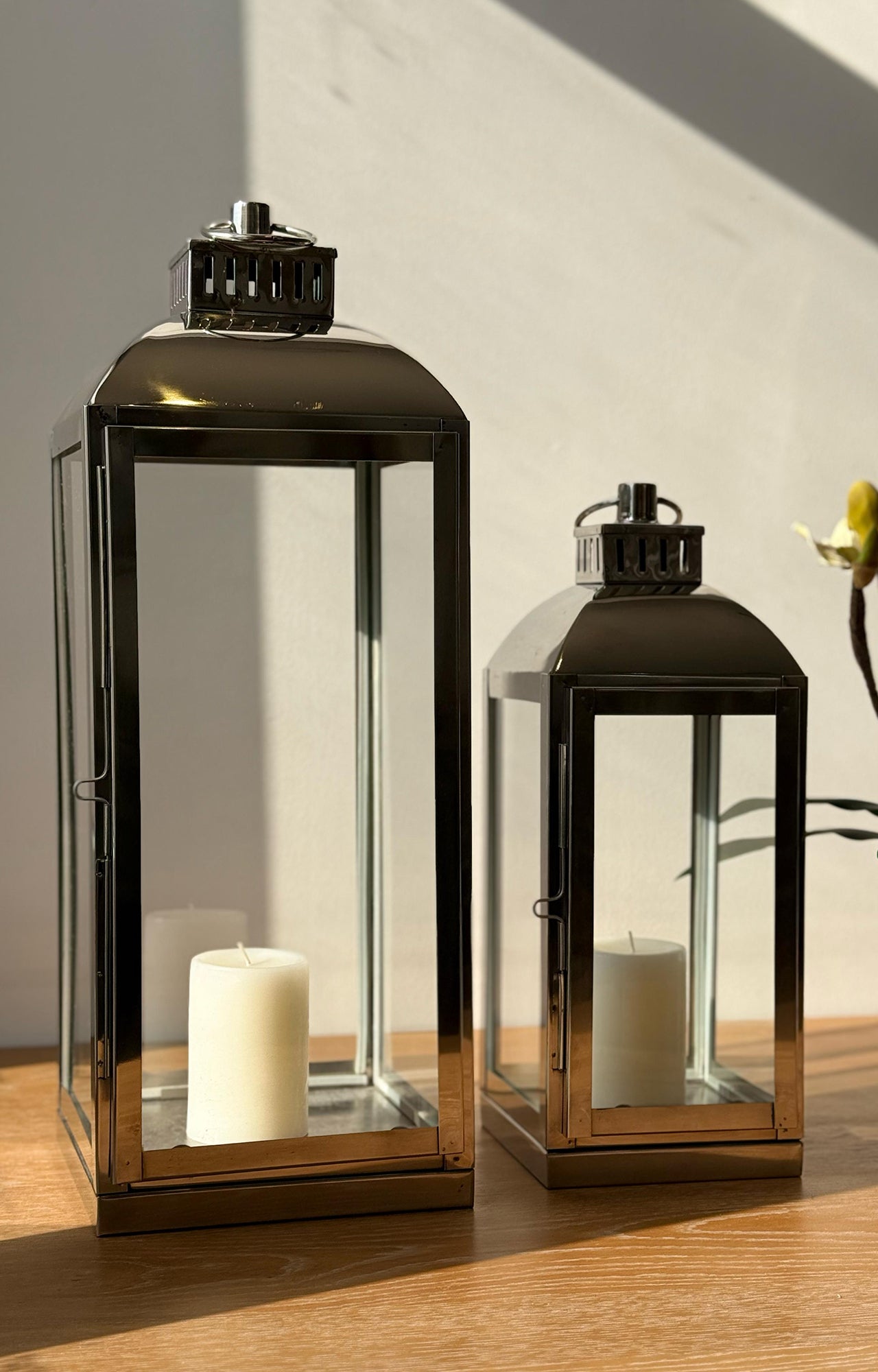 Square Glass Lantern with Ring Handle and Stainless Steel Rim