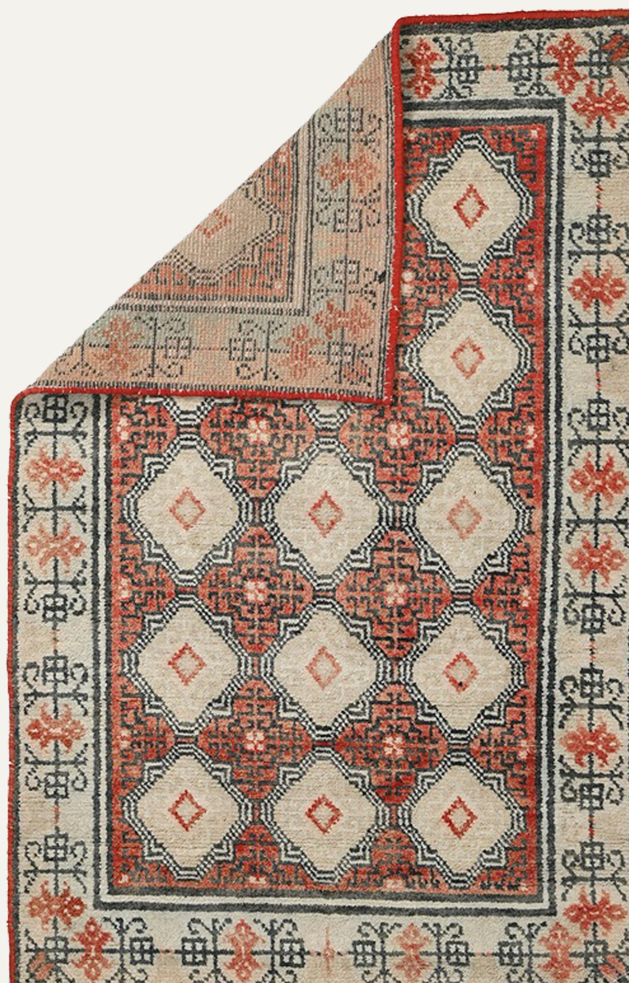 3.6 x 5.9 Ft Cotton Handwoven Vintage Tibetan Thick Pile Geometric Carpet3 x 6 Ft 80 years Old Cotton Tibetan Carpet 100% Hand-spun Yarn