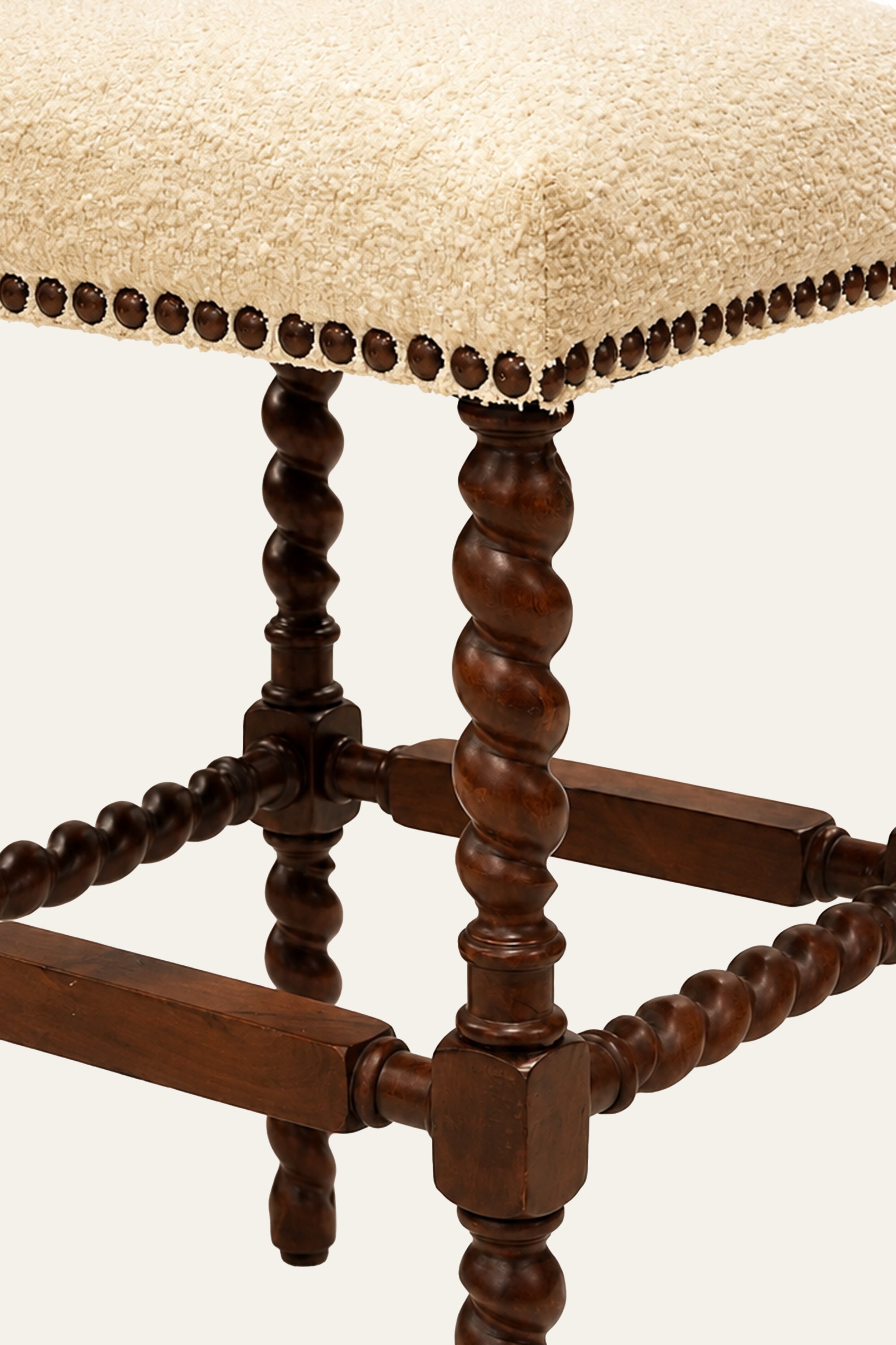 Brown Barley Twist Sitting Stool with White Cushioned Seat